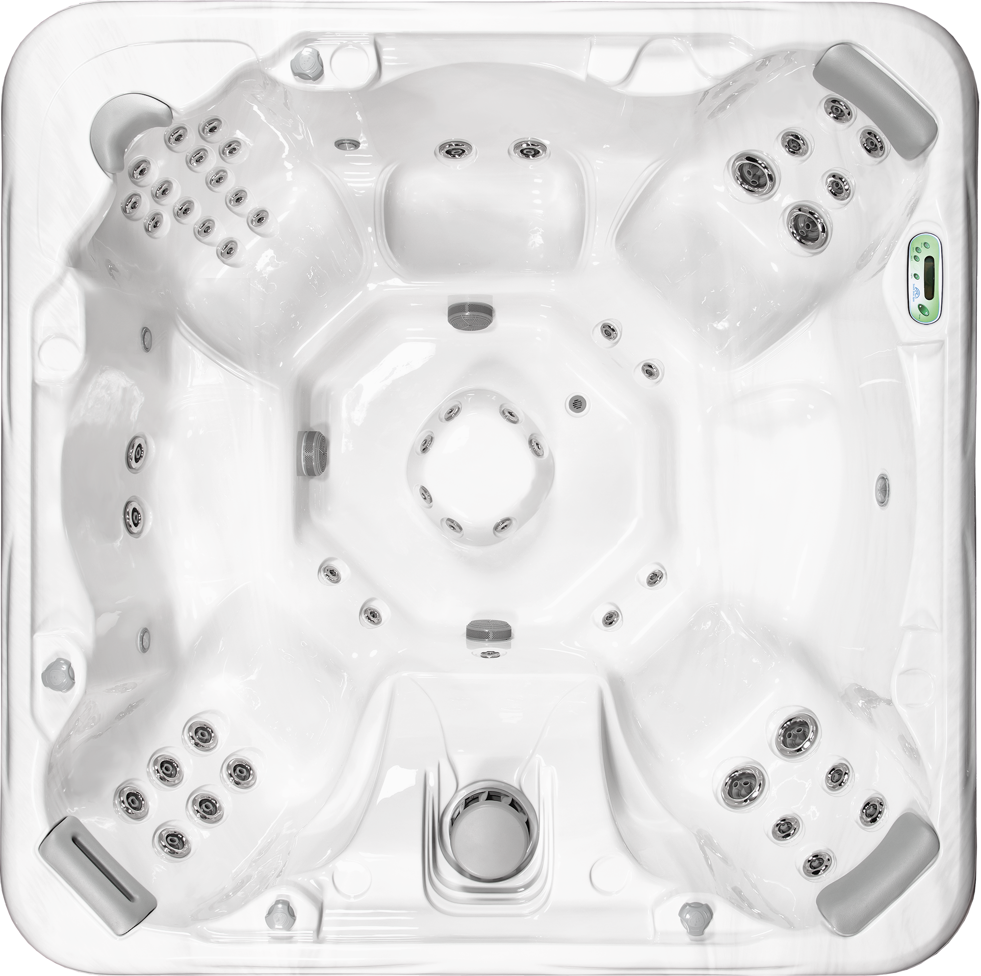 Top view of a white hot tub with multiple jets, a digital control panel, and ergonomic headrests.