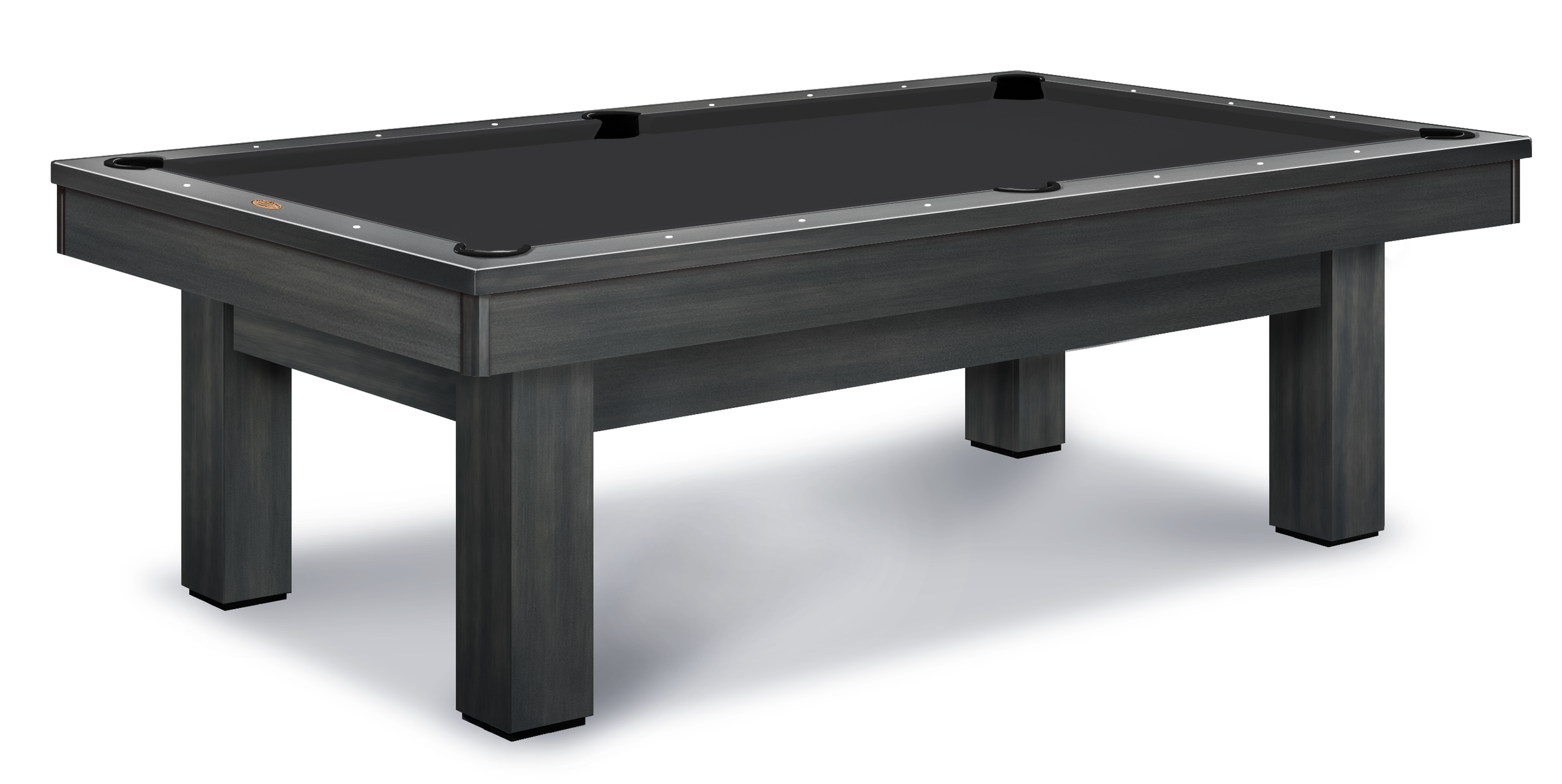 A black pool table with a modern design, featuring a black felt surface, black bumpers, and sturdy black legs.