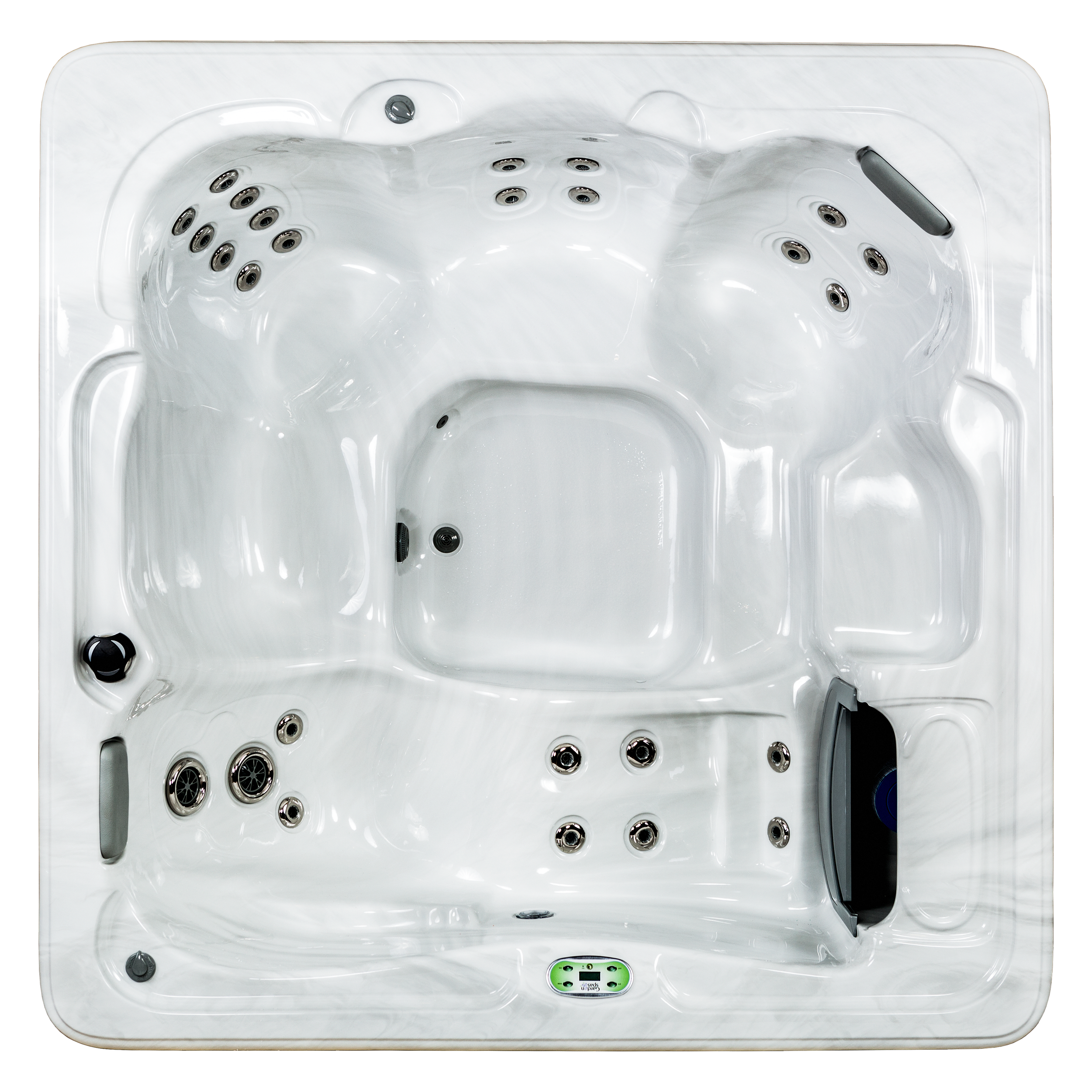 Top view of a white hot tub with multiple jets and control panel.