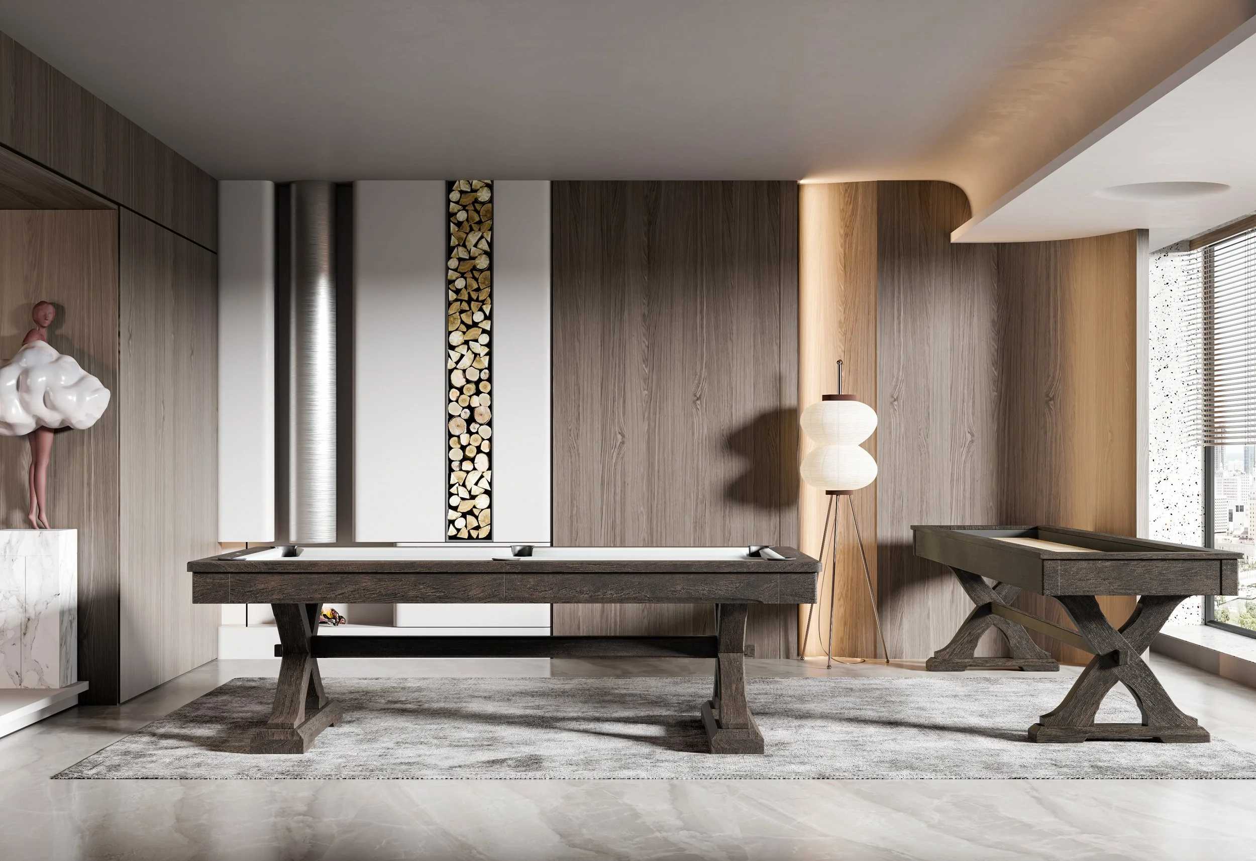 Modern living room with wooden paneled walls, a black wooden dining table, a beige rug, and a floor lamp, with a window on the right letting in natural light.