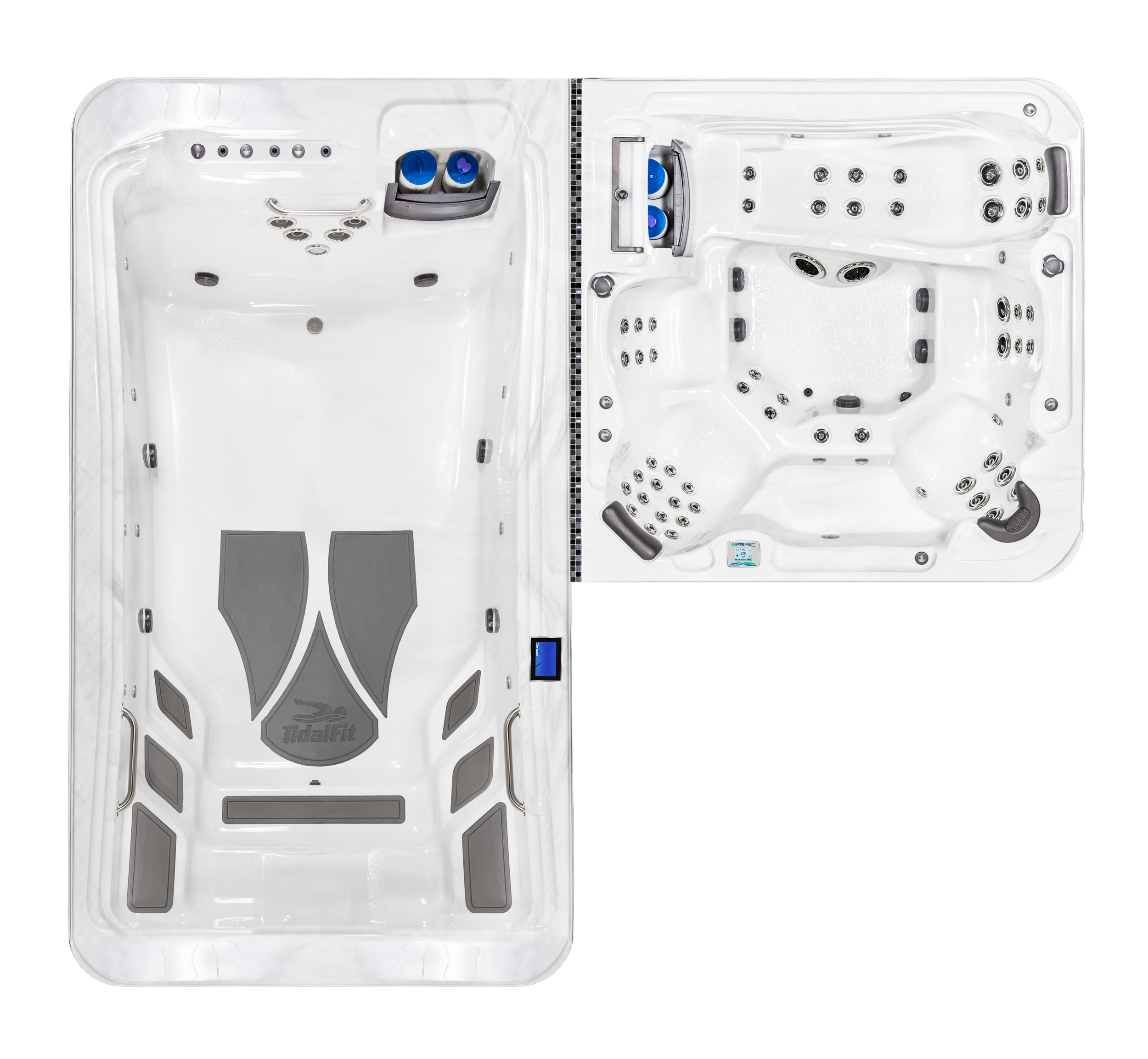 Top view of a white hot tub with multiple jets, controls, and two blue bottles in a holder.