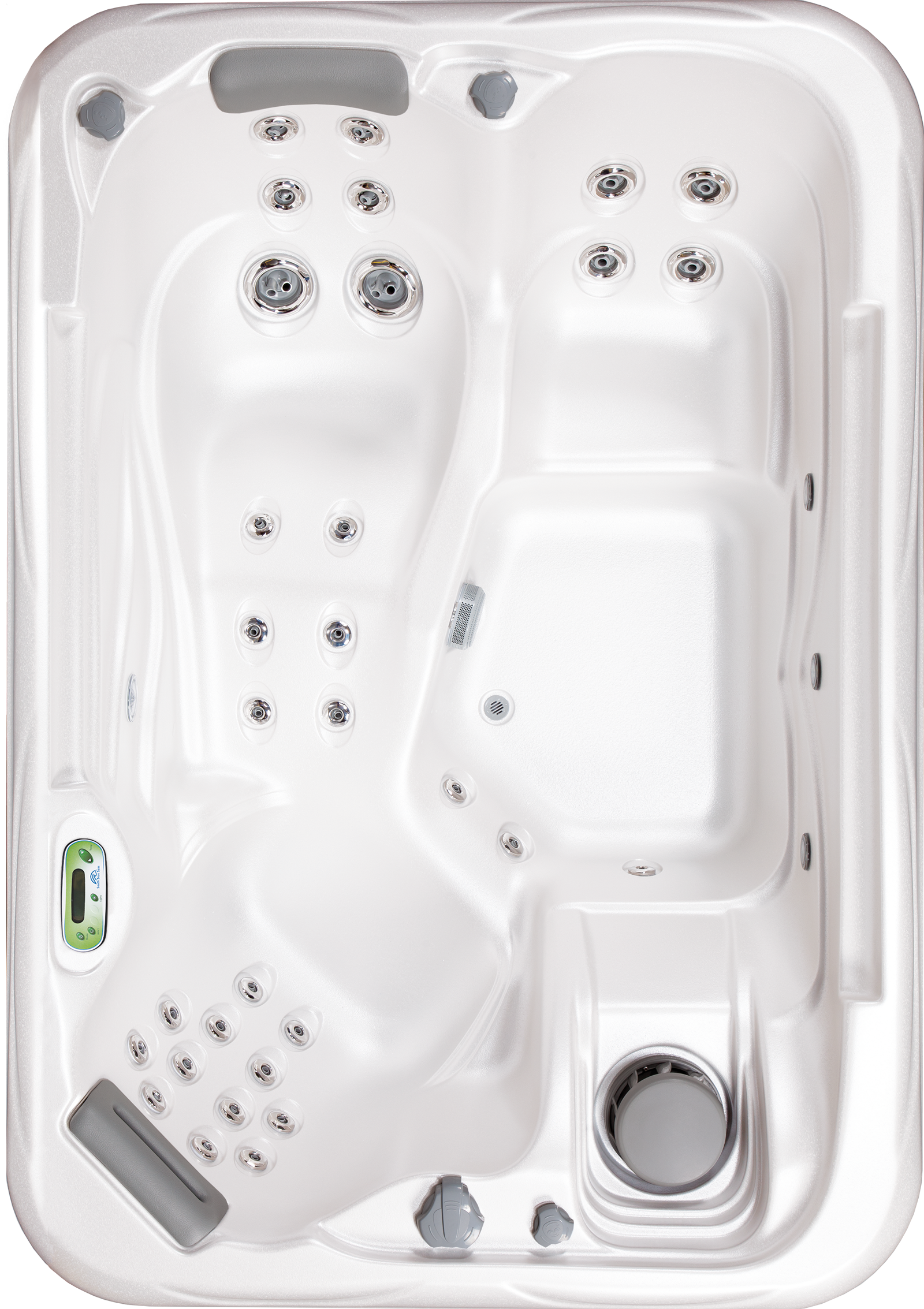 Top-down view of a white hot tub with various jets, controls, and seating areas.