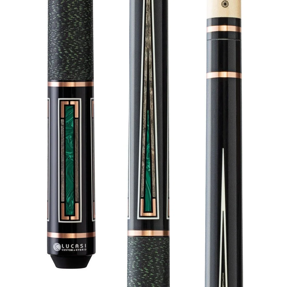 Close-up image of a black and green golf club with decorative bronze accents, labeled "LUCASI CUSTOM + HYBRID."