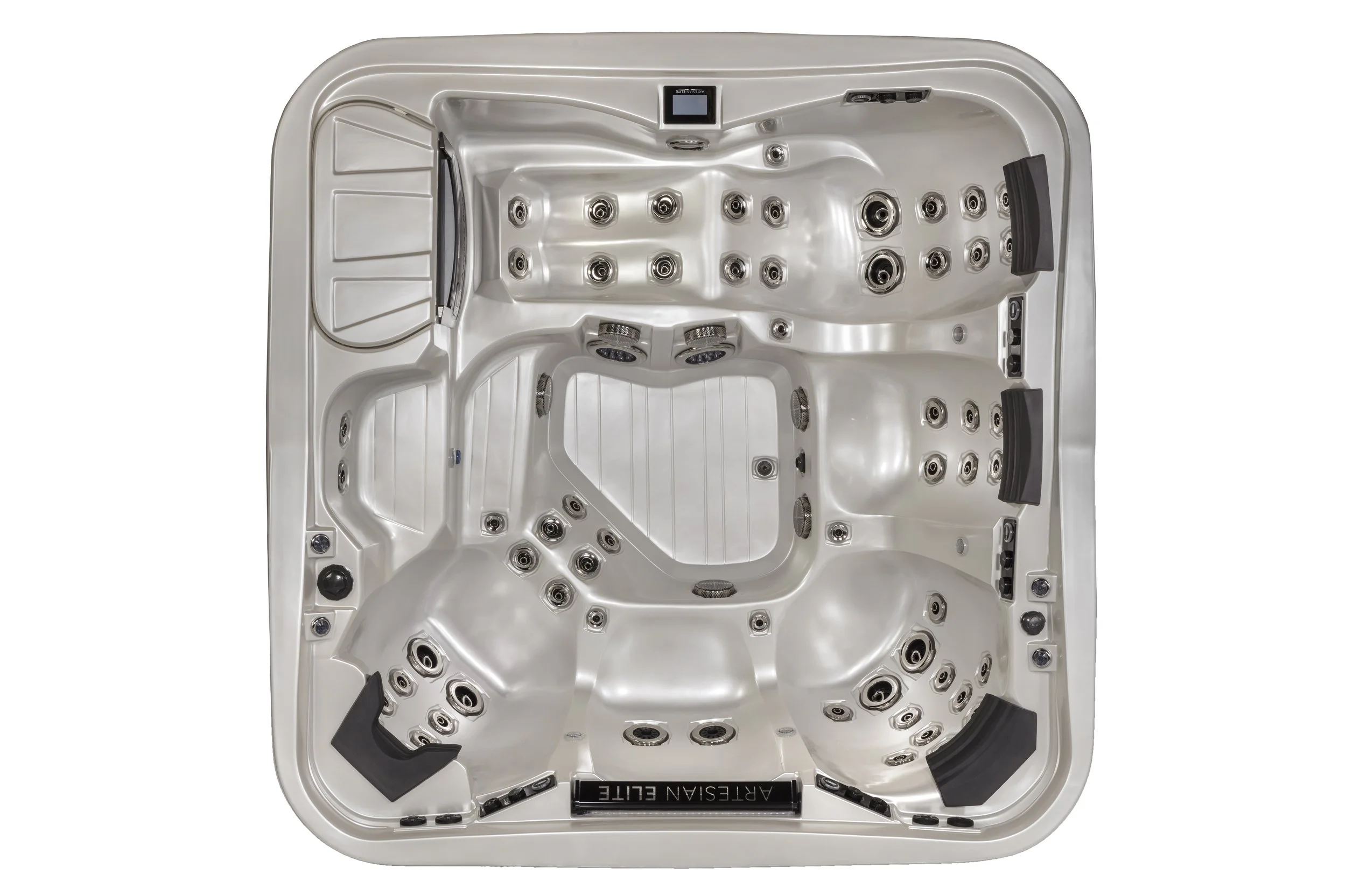 Top view of a white hot tub with multiple jets and seating areas, labeled 'Artesian Elite'.