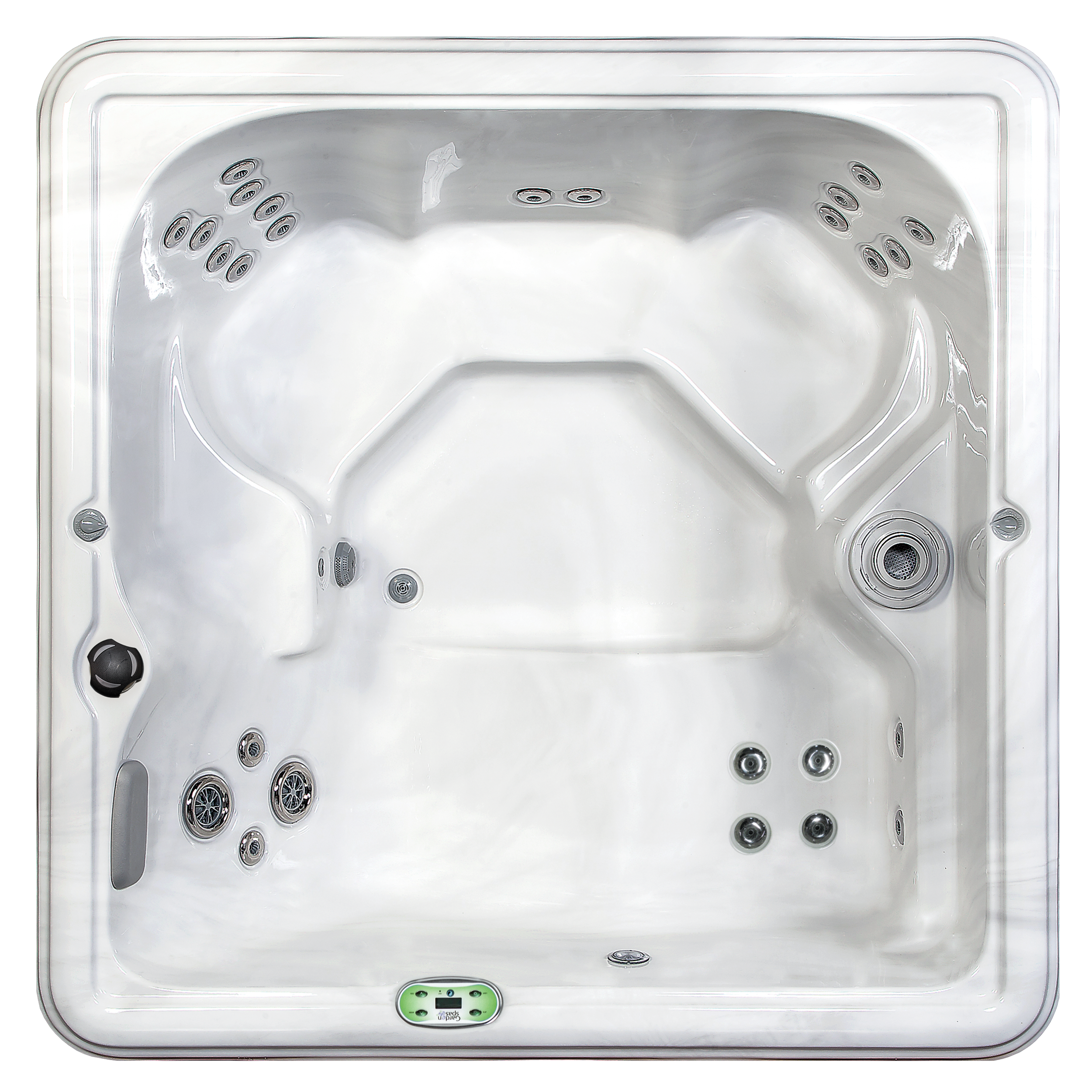 Top view of a white whirlpool hot tub with multiple water jets and control panel.