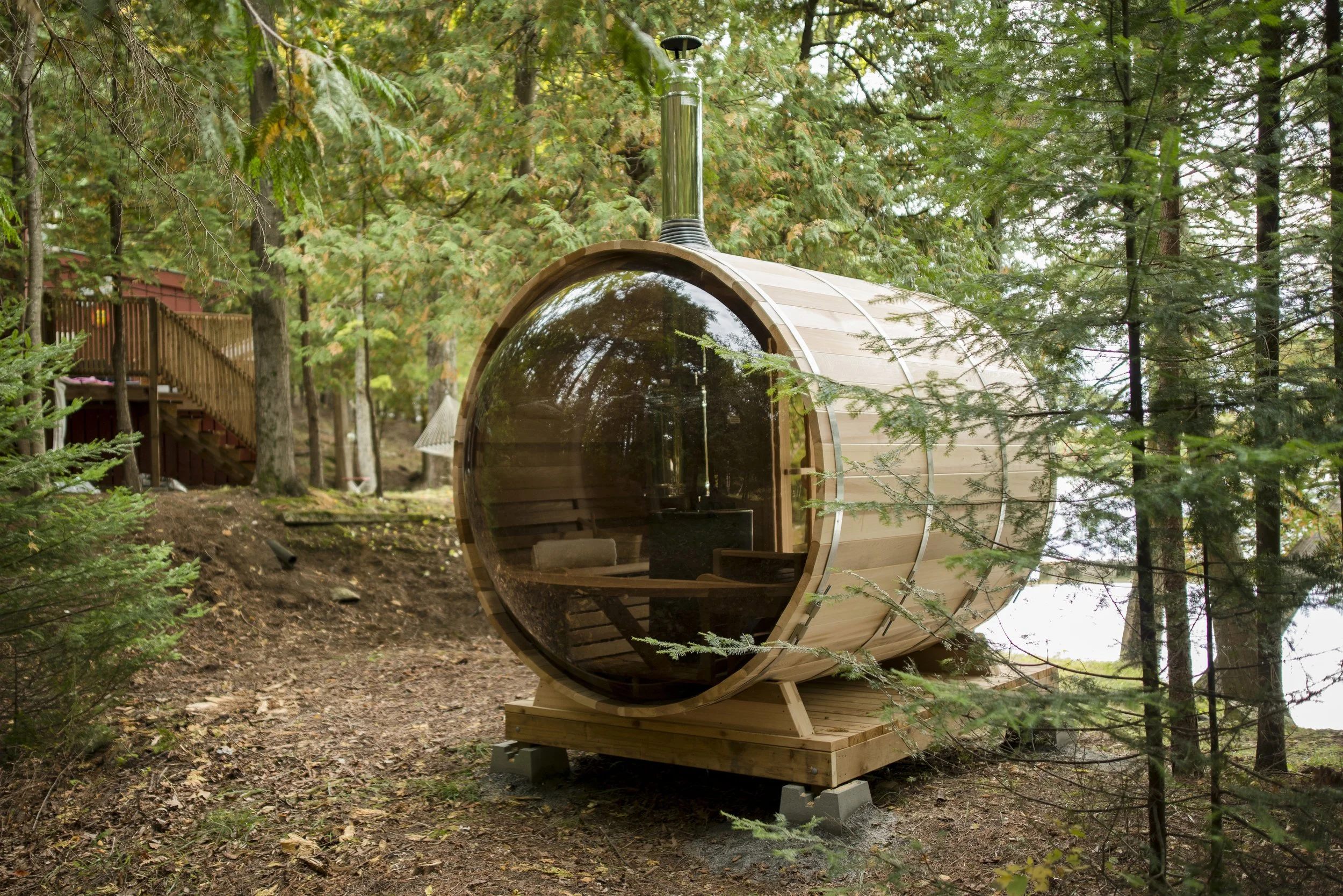 Barrel Suana in lakeside backyard