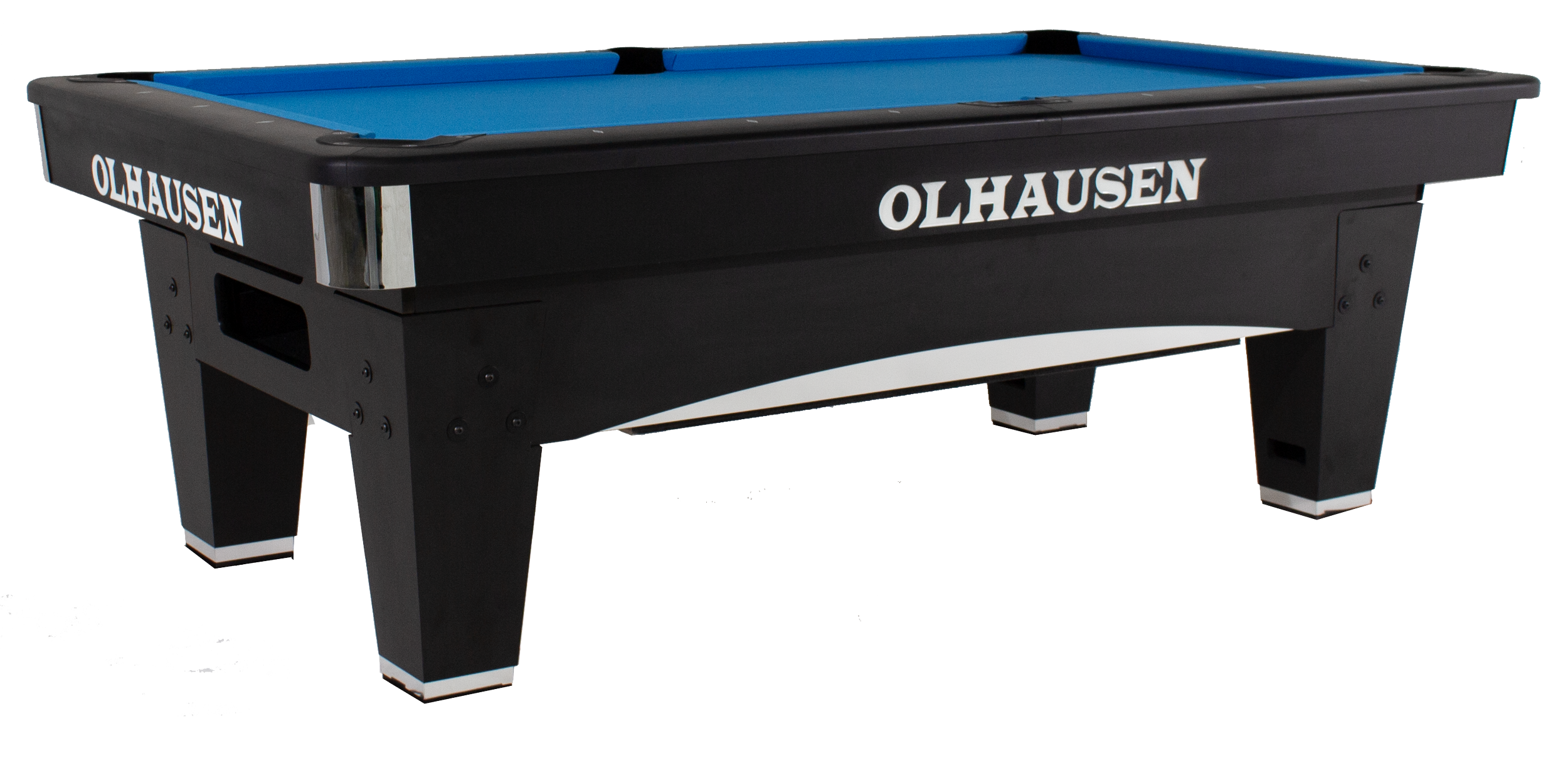 A black and blue Olhausen pool table with a blue felt playing surface and the brand name "OLHAUSEN" on the side.