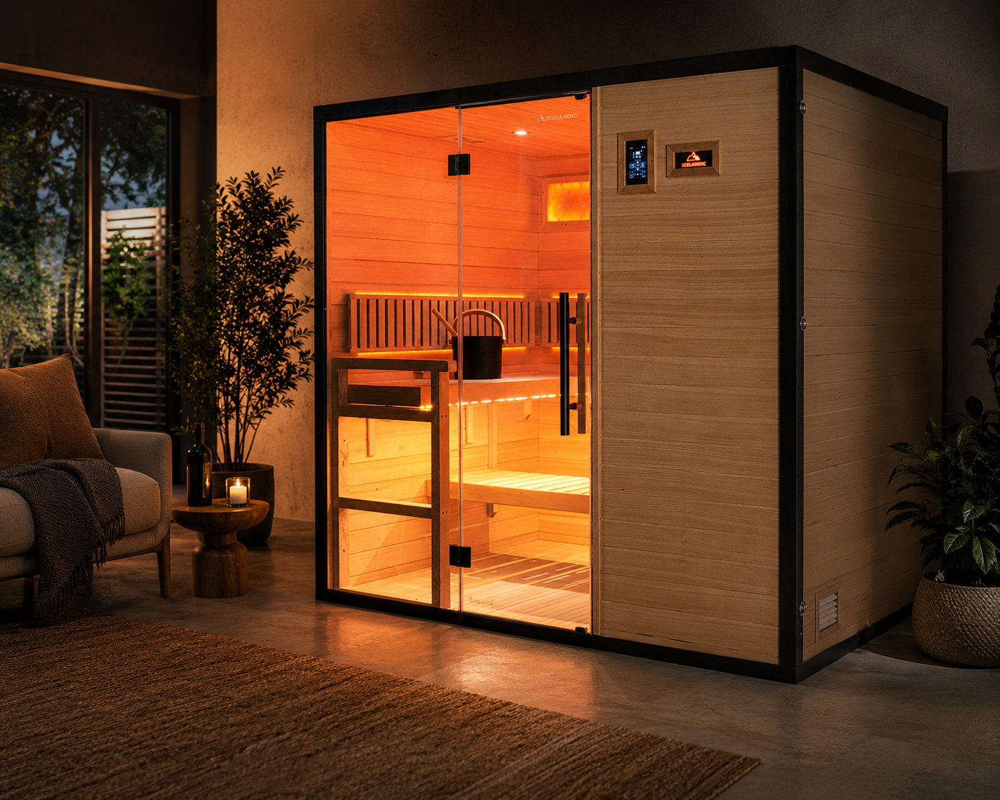 Lighted sauna with glass door for 4 people