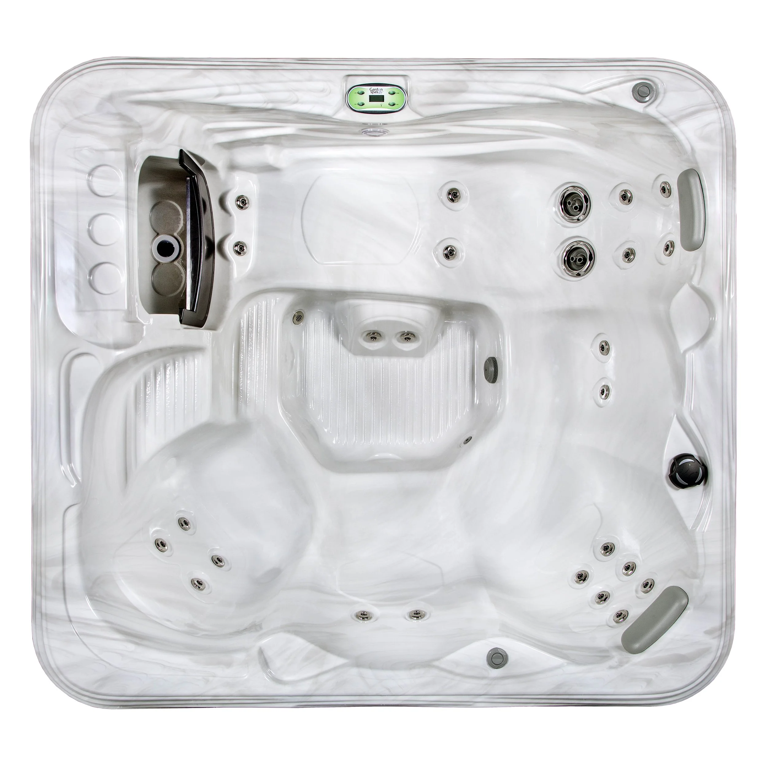 Top view of a white hot tub with multiple jets, a digital control panel, and a built-in headrest.