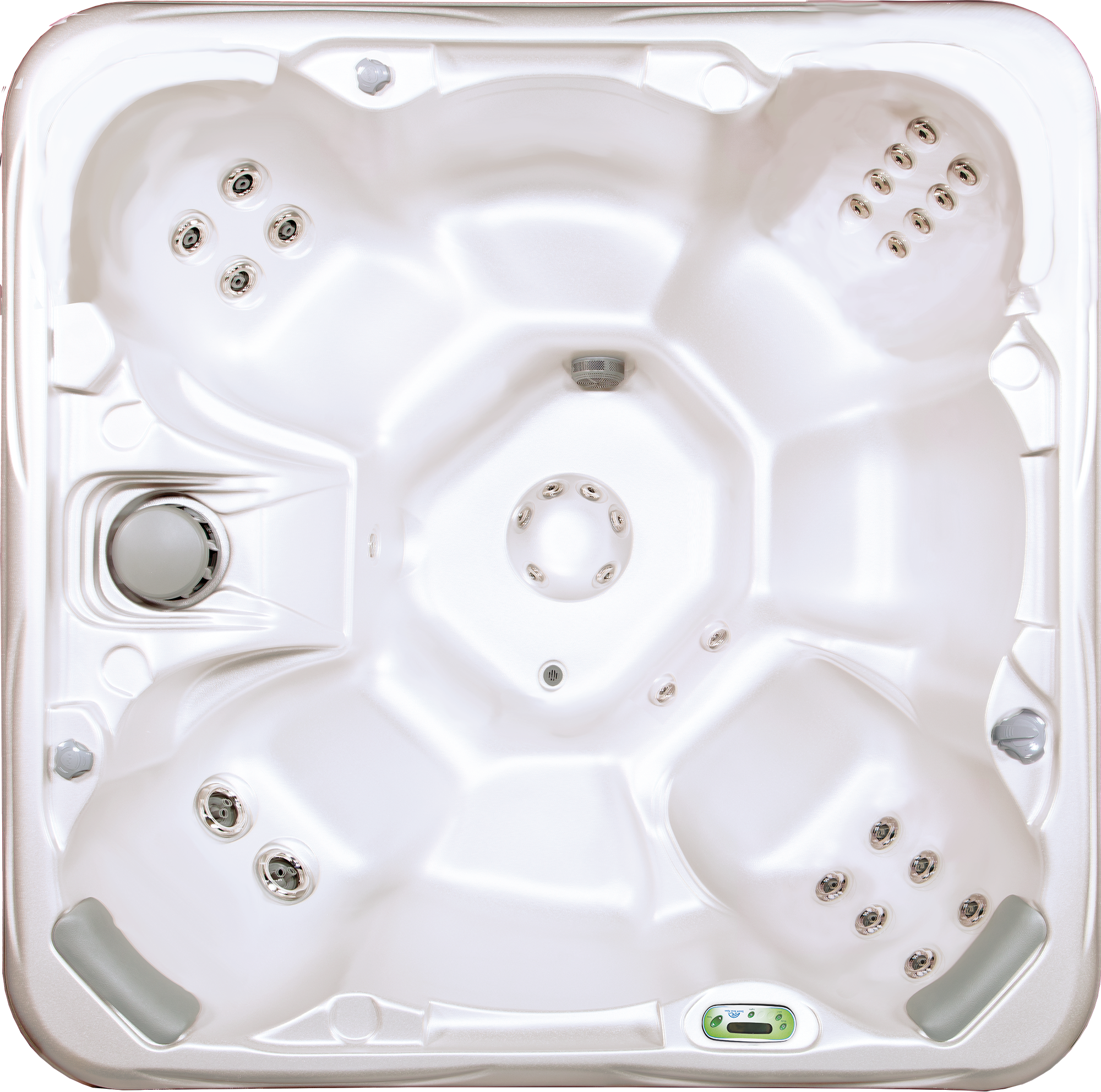 Top view of a white hot tub with multiple jets and a digital control panel.