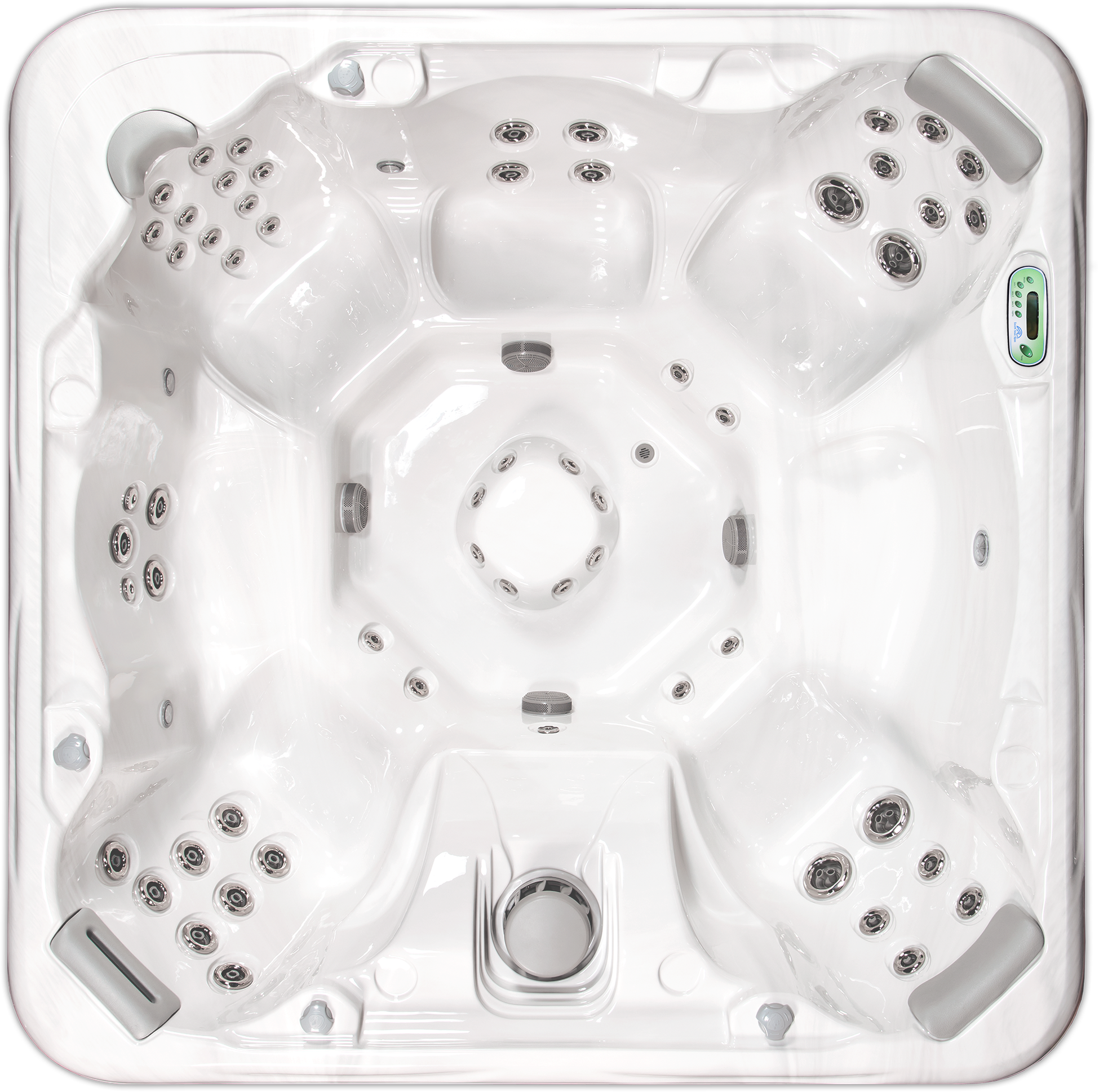 Top view of a white multi-jet hot tub with numerous water jets, control panel, and ergonomic seating.