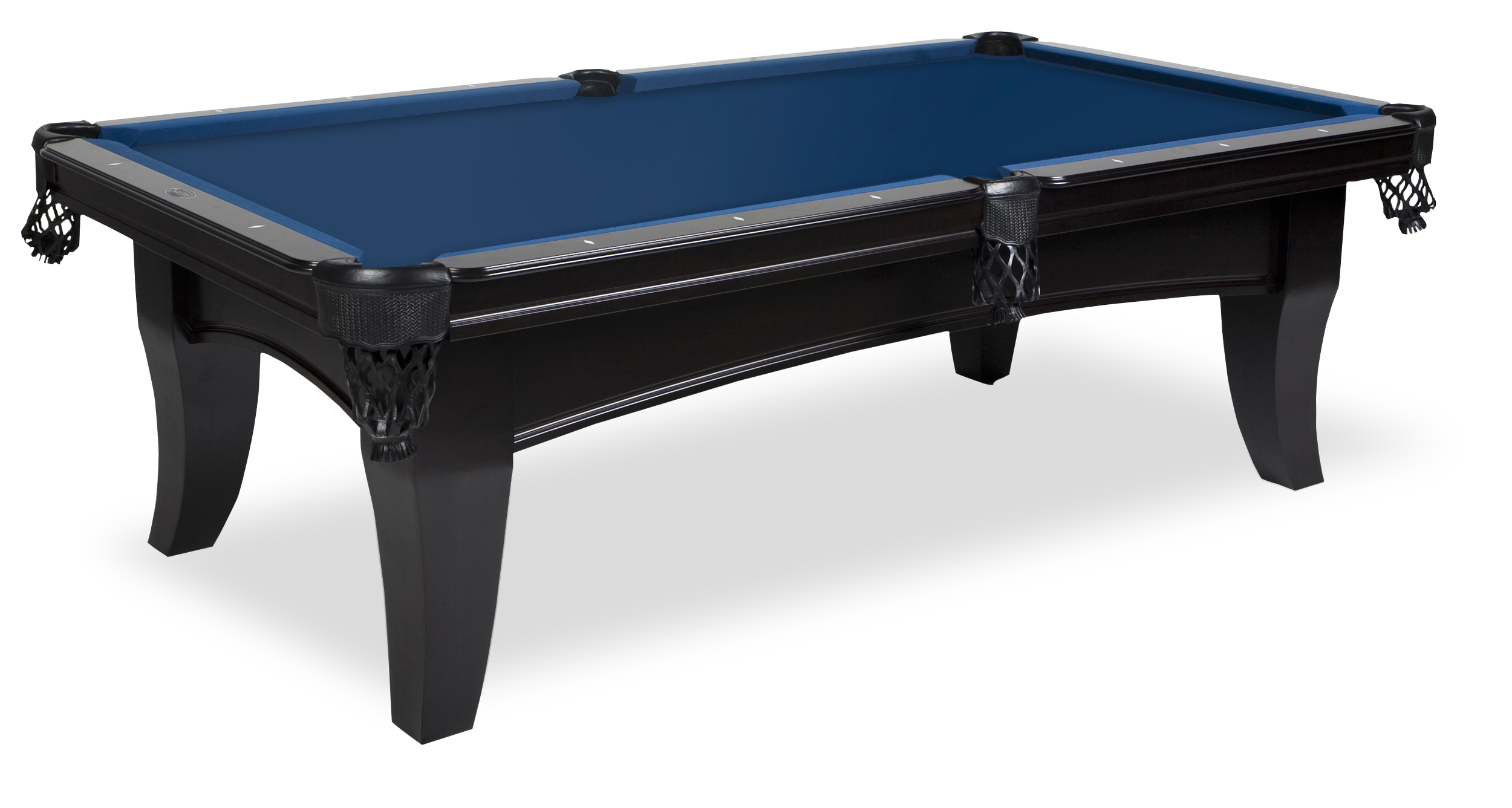 Black pool table with a blue felt top, black legs, and netted pockets, isolated on a transparent background.