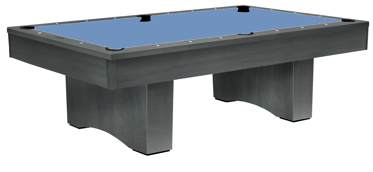 Black or dark gray air hockey table with blue playing surface and black corner markers.