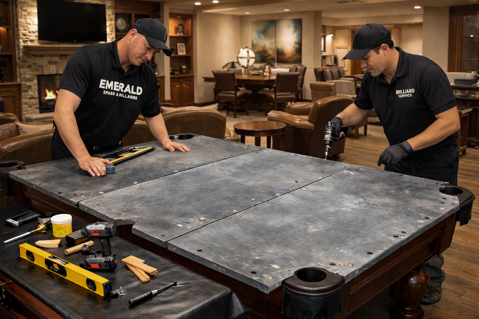 Professionals installing pool table in home