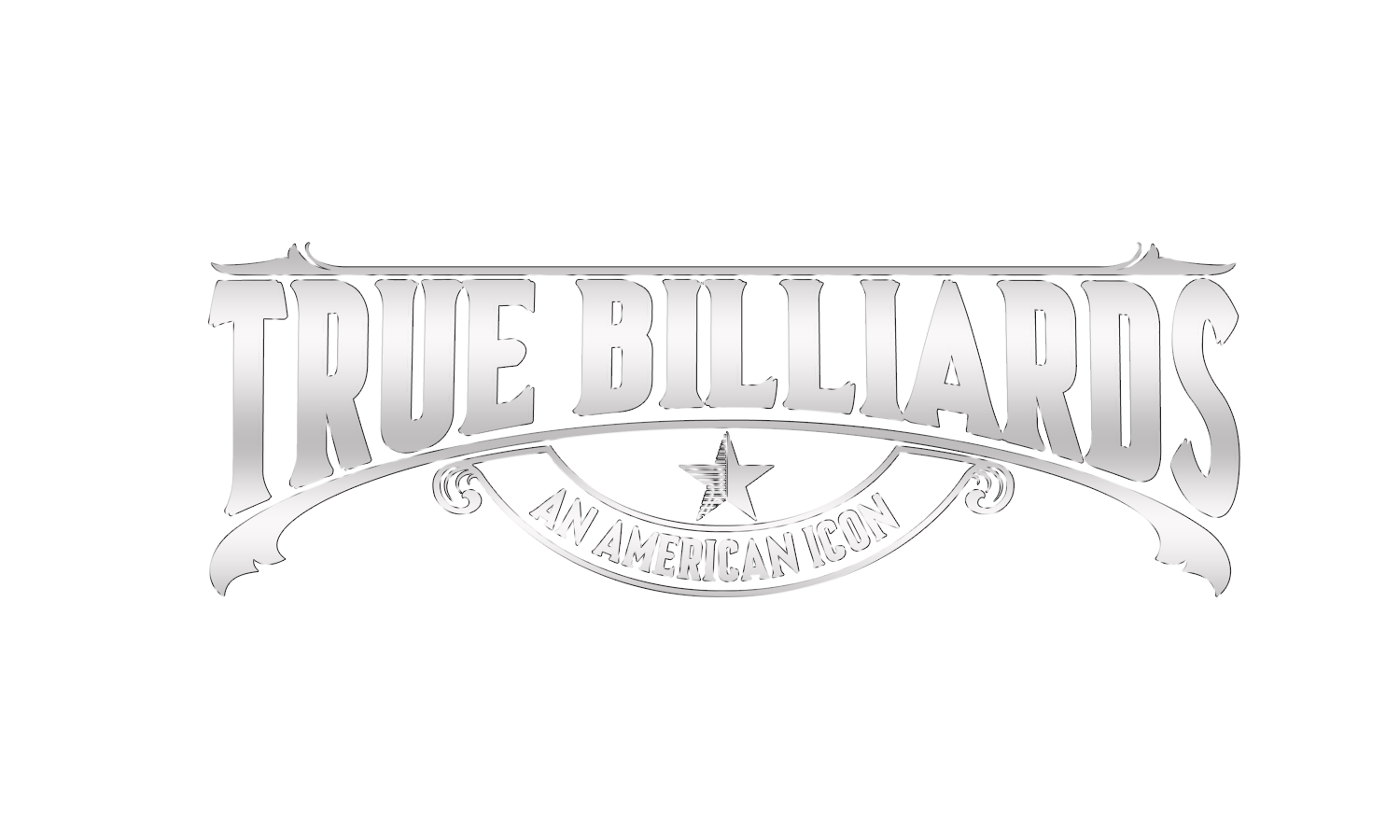 Black and white logo for True Billiards with a star and scrolls, featuring the tagline "An American Icon."