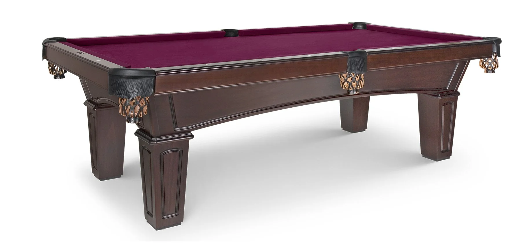 A wooden pool table with a purple felt top and black corner protectors.