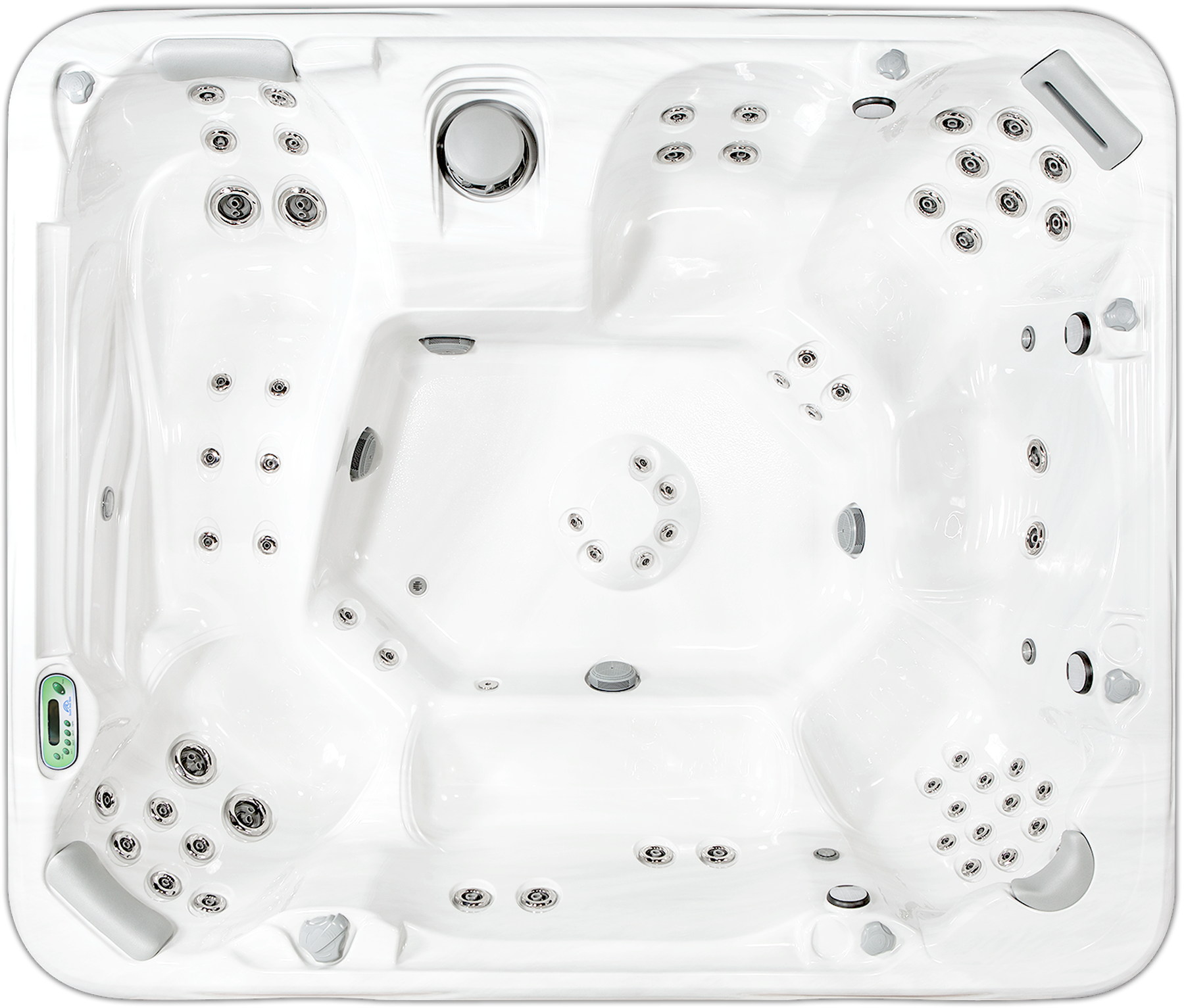 Top view of a white hot tub with multiple jets, a digital control panel on the lower left, and various water and jet features.
