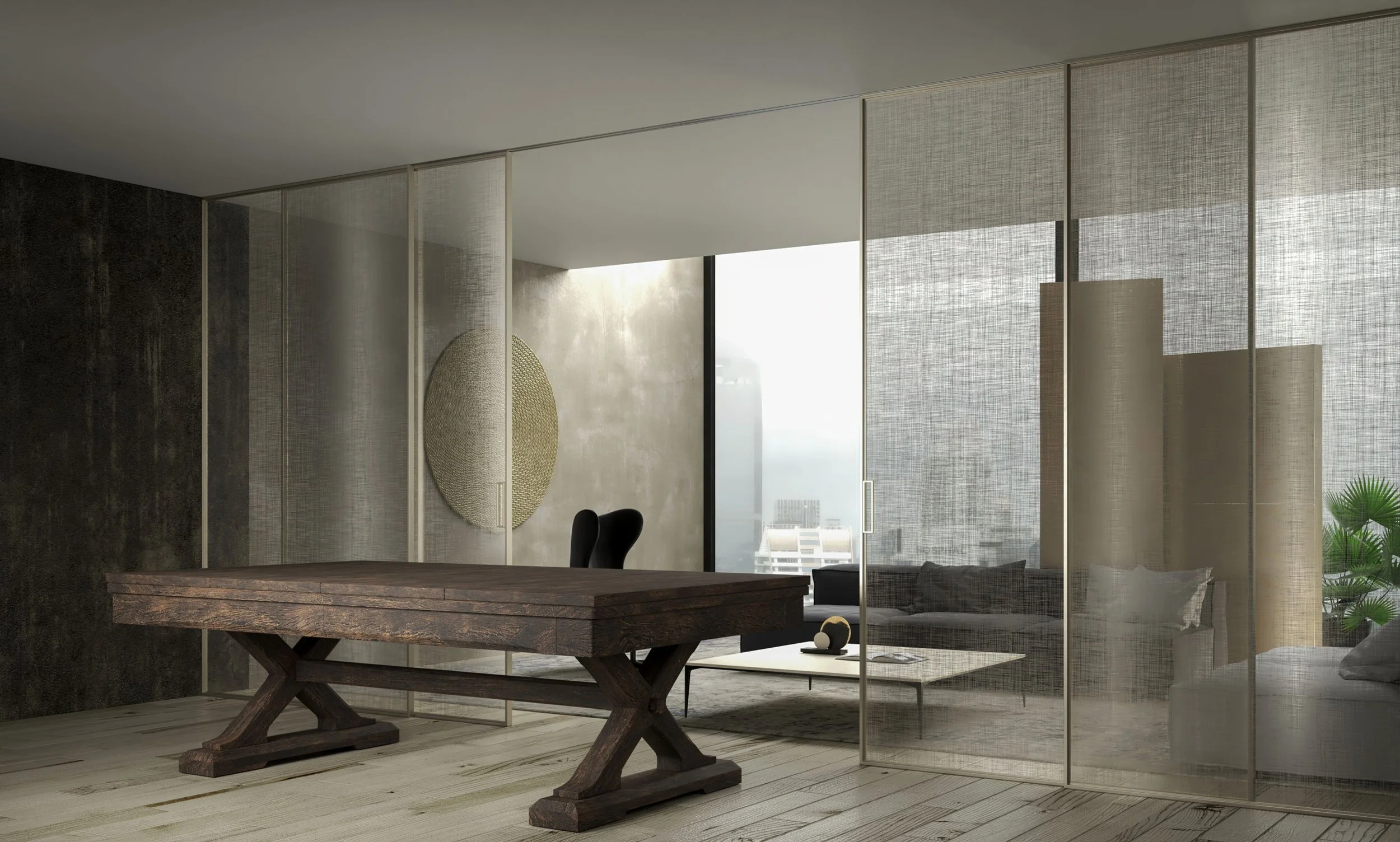 Modern interior with a large wooden dining table, black chairs, a textured wall, sheer curtains, a decorative wall hanging, and a view of a cityscape through a window.