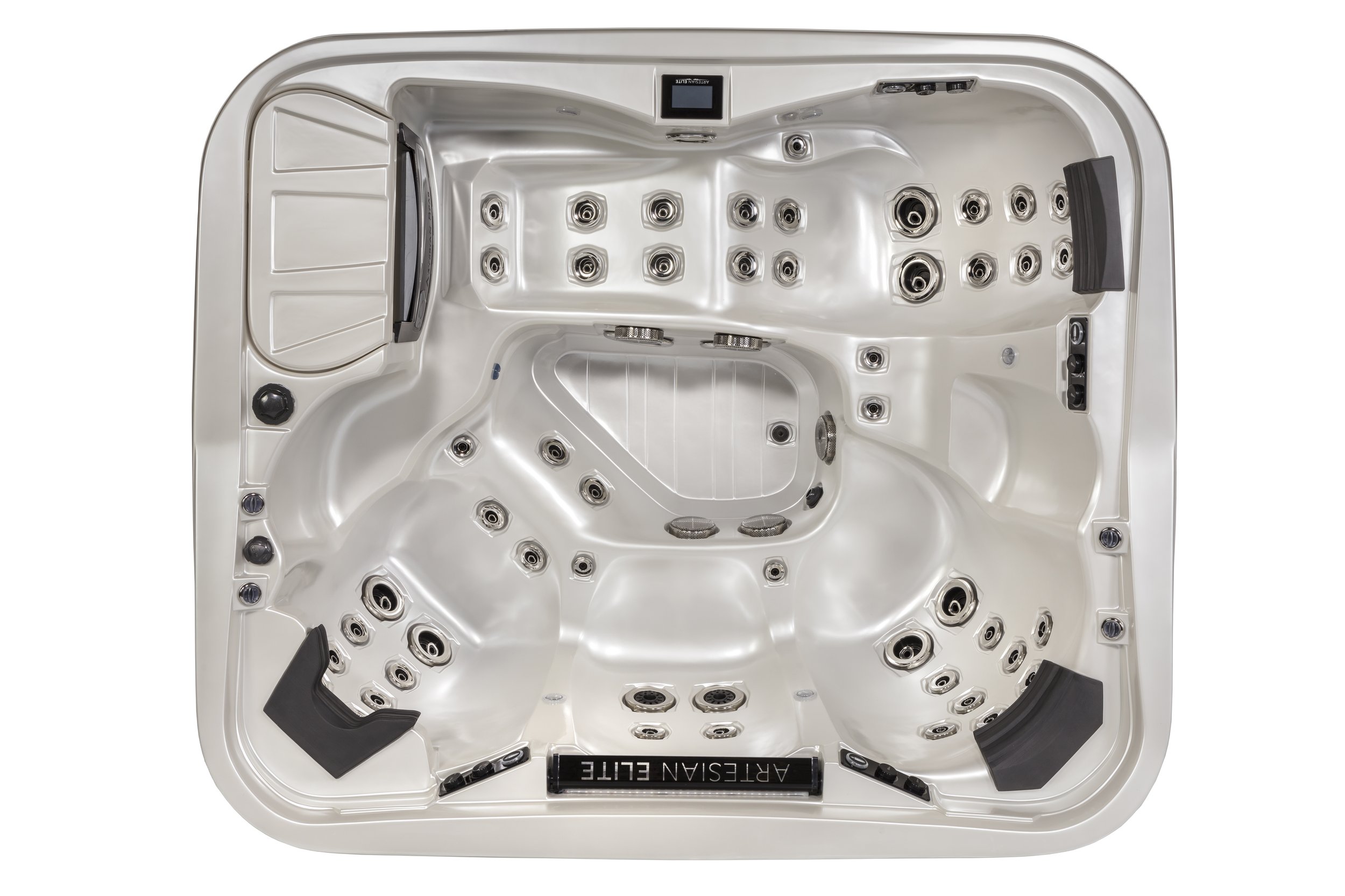 Top view of a white hot tub with multiple jets, controls, and seating areas.