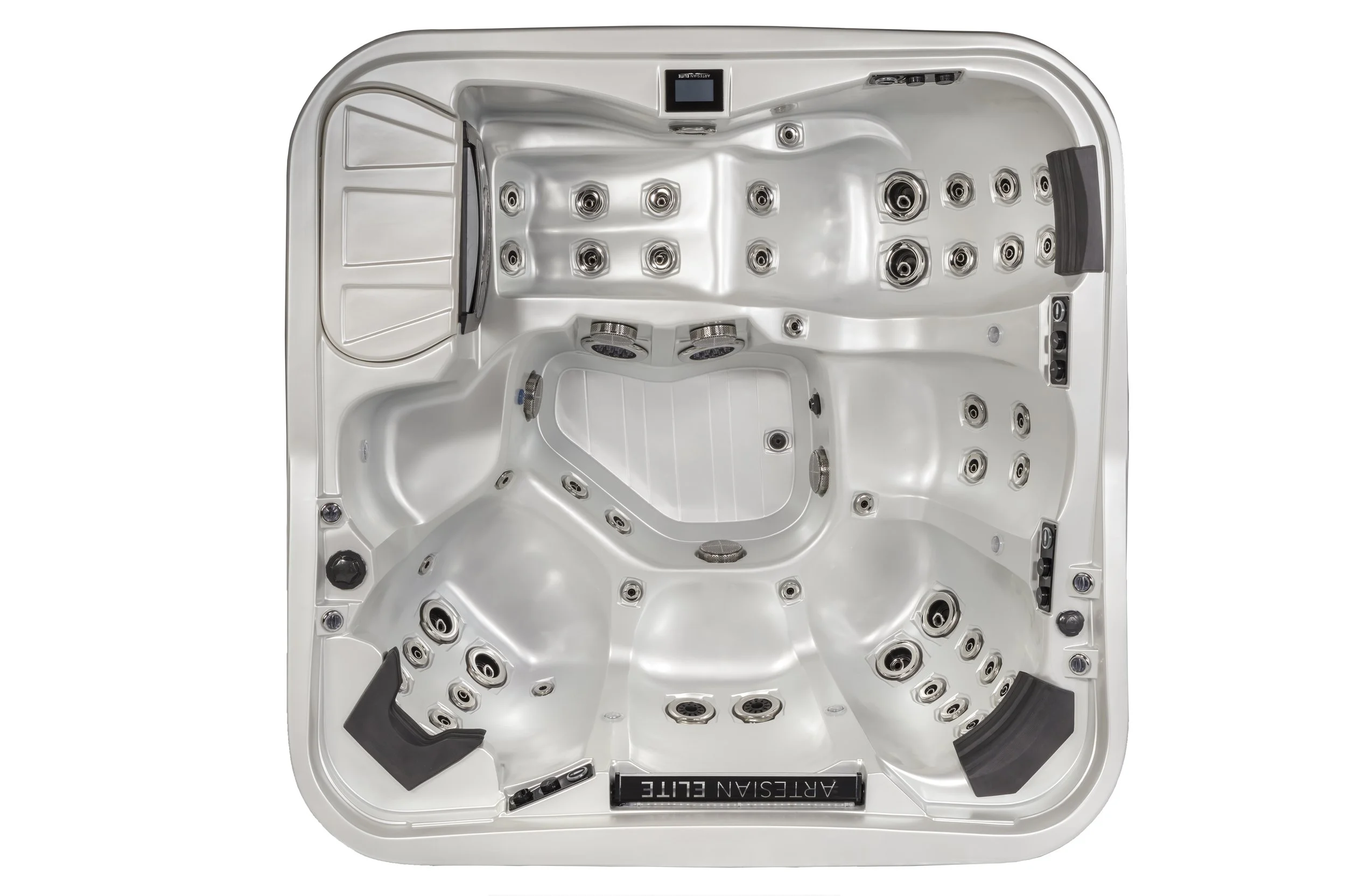 Empty white hot tub with multiple jets, controls, and seating.