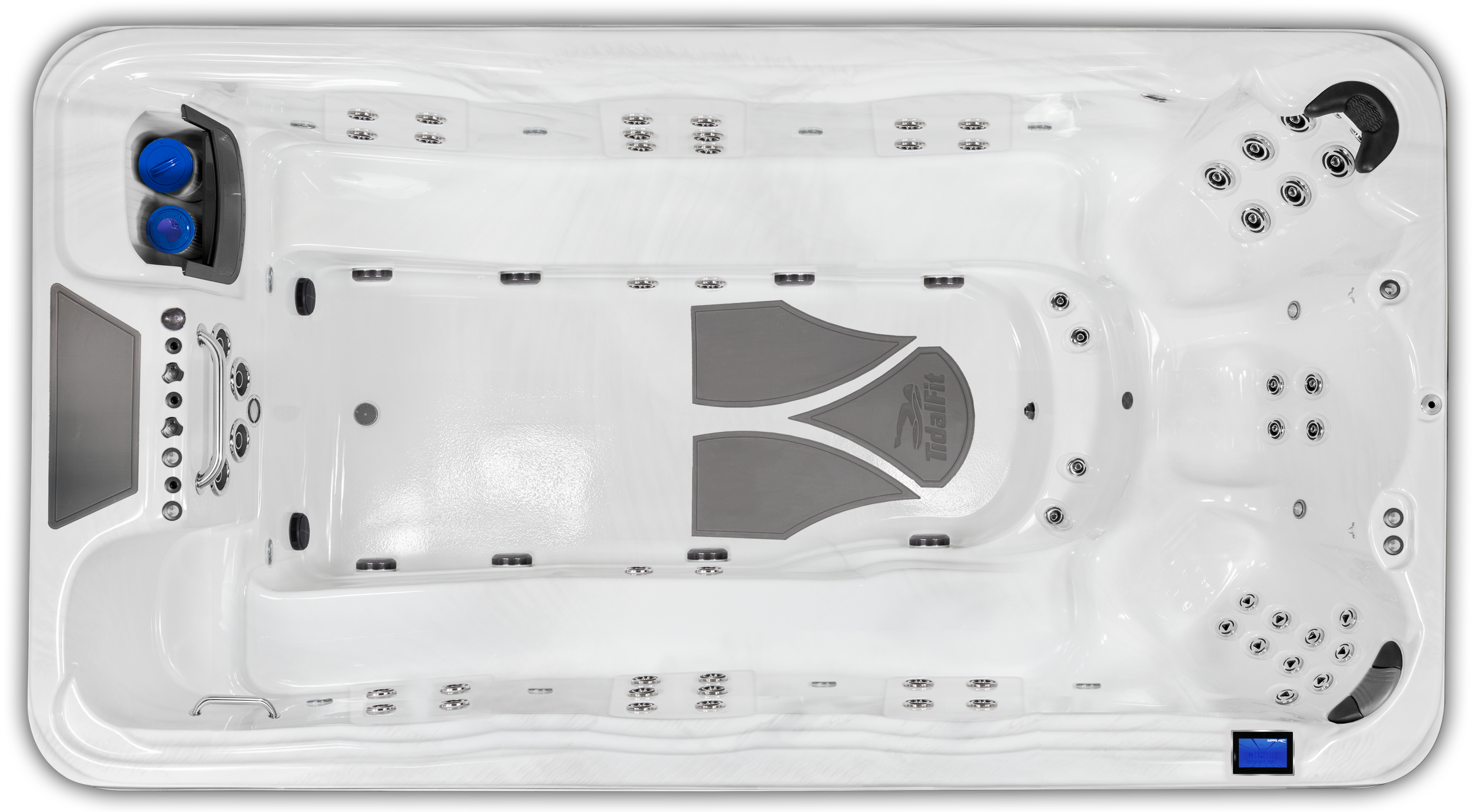 Top view of a white hot tub with multiple jets, a gray foot massage area, and control panel, with two blue knobs and a digital display.
