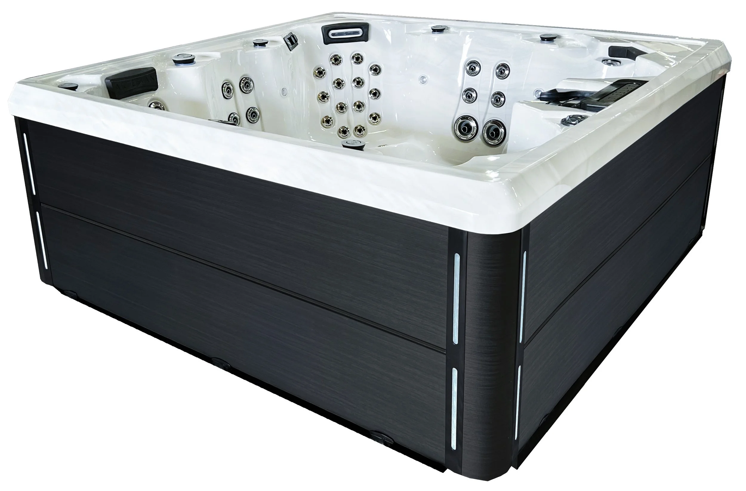 A white hot tub with black exterior, multiple jets, and control panel.