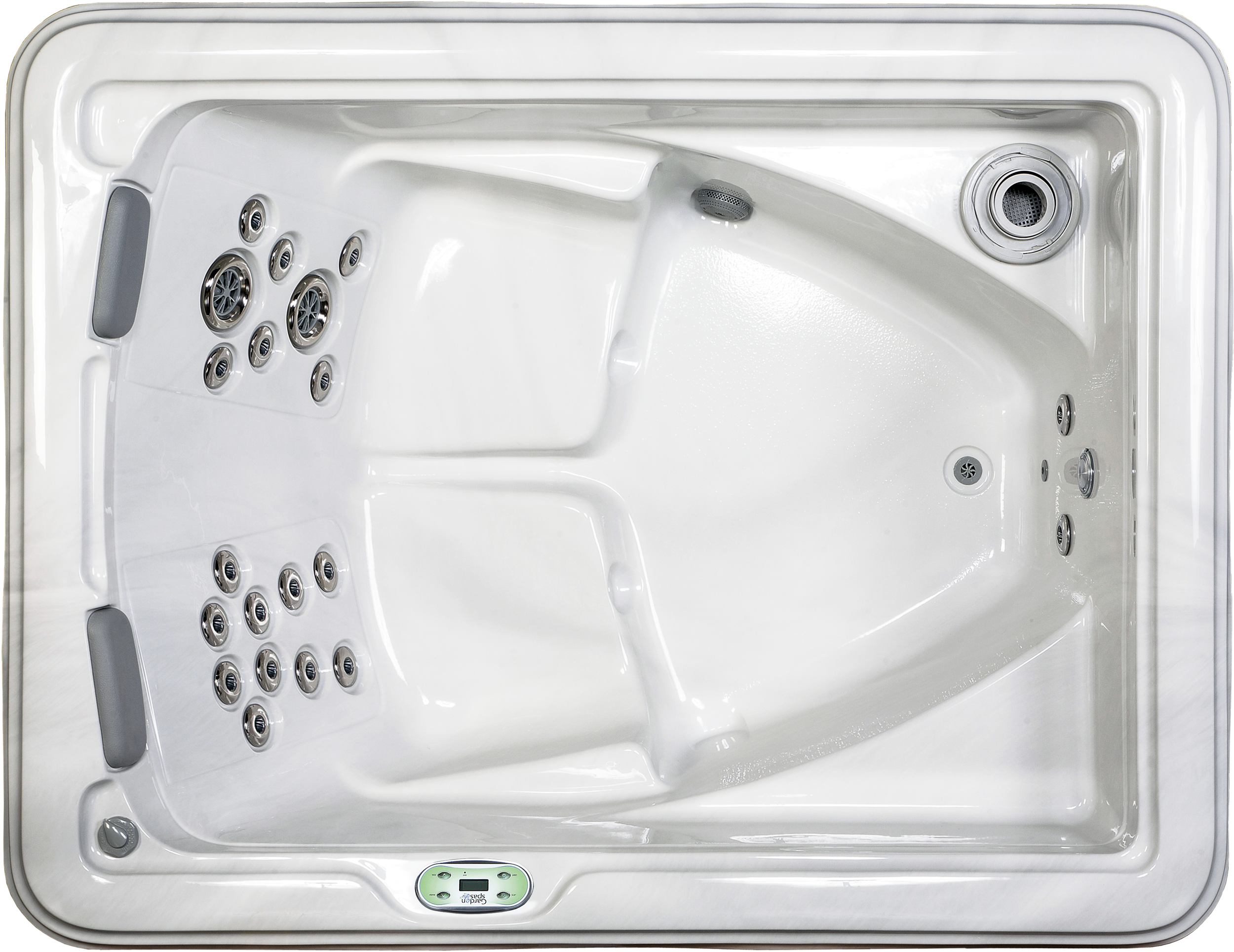 A white hot tub with multiple jets, a remote control, and a drain in the bottom right corner.