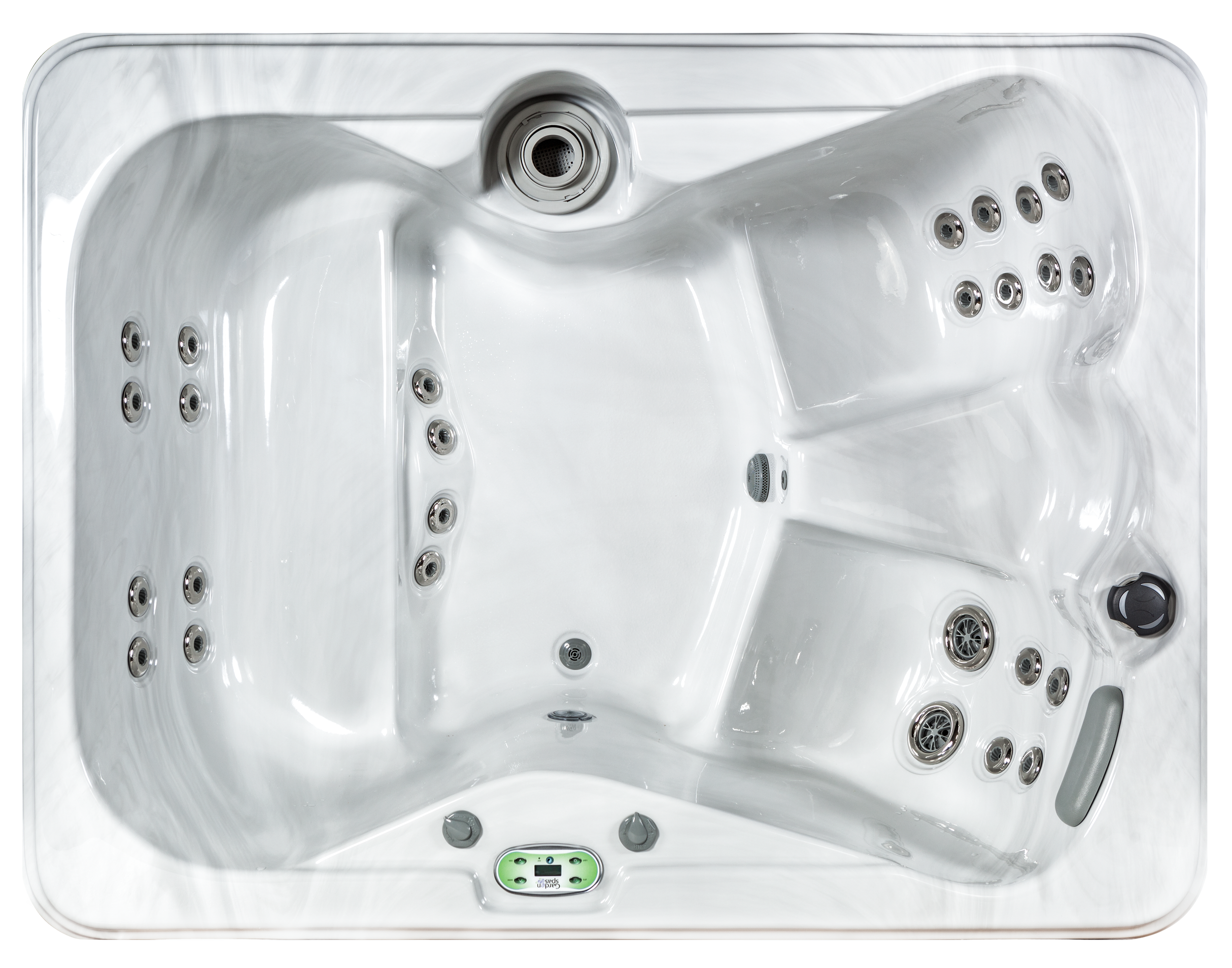 A top view of a white hot tub with multiple jets and a control panel.