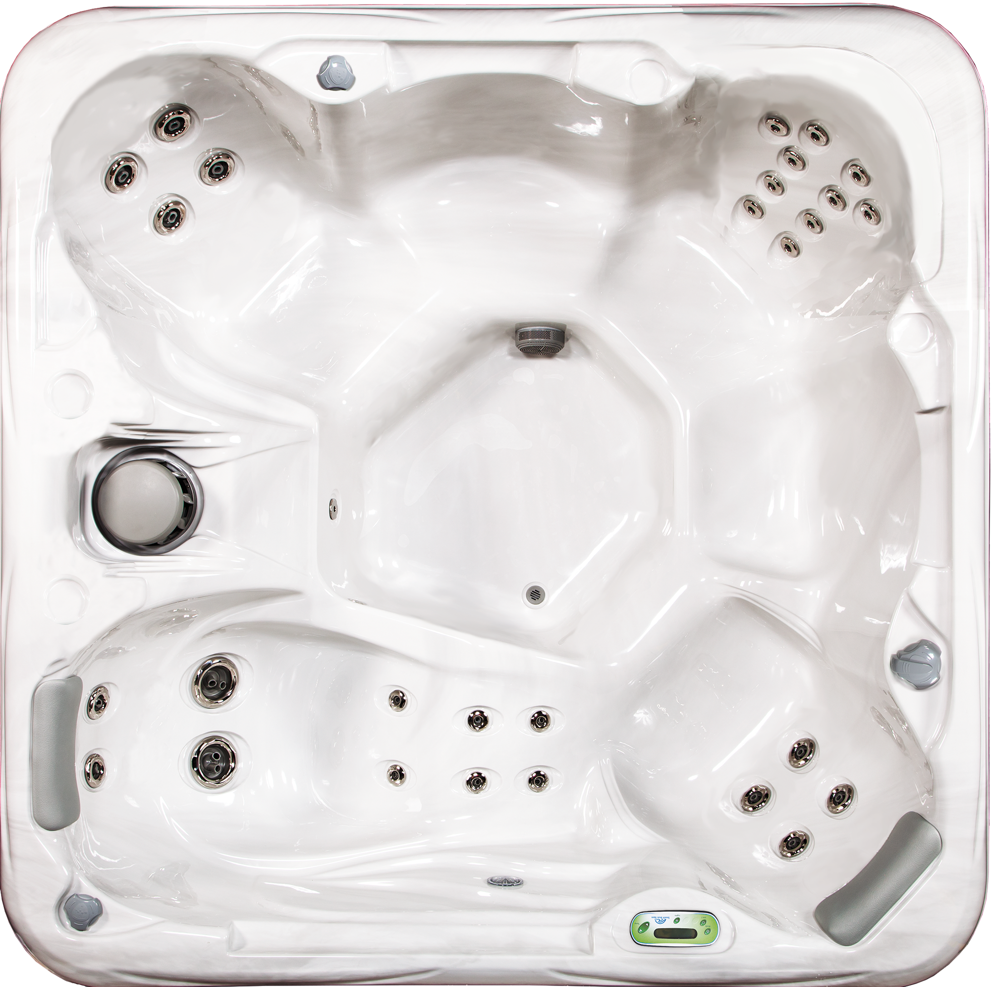 Top view of a white hot tub with multiple jets, controls, and seating areas.