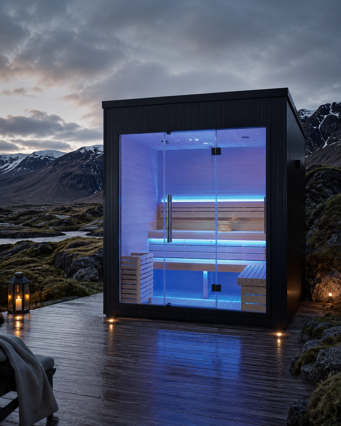 outdoor sauna with glass front and indoor lighting