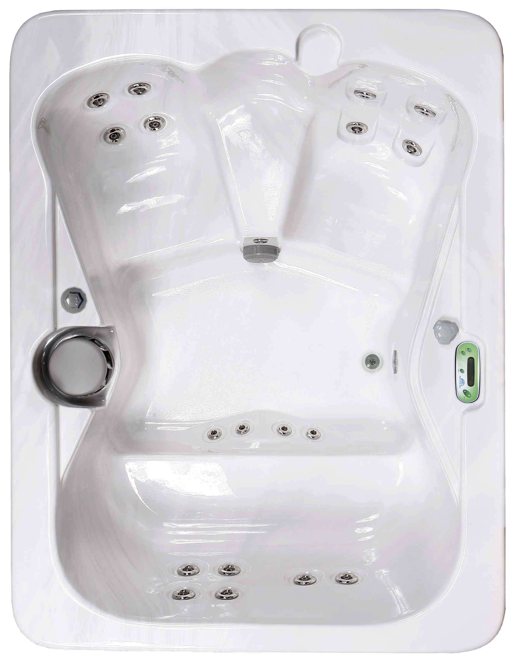 A white hot tub with multiple jets and a control panel nearby.