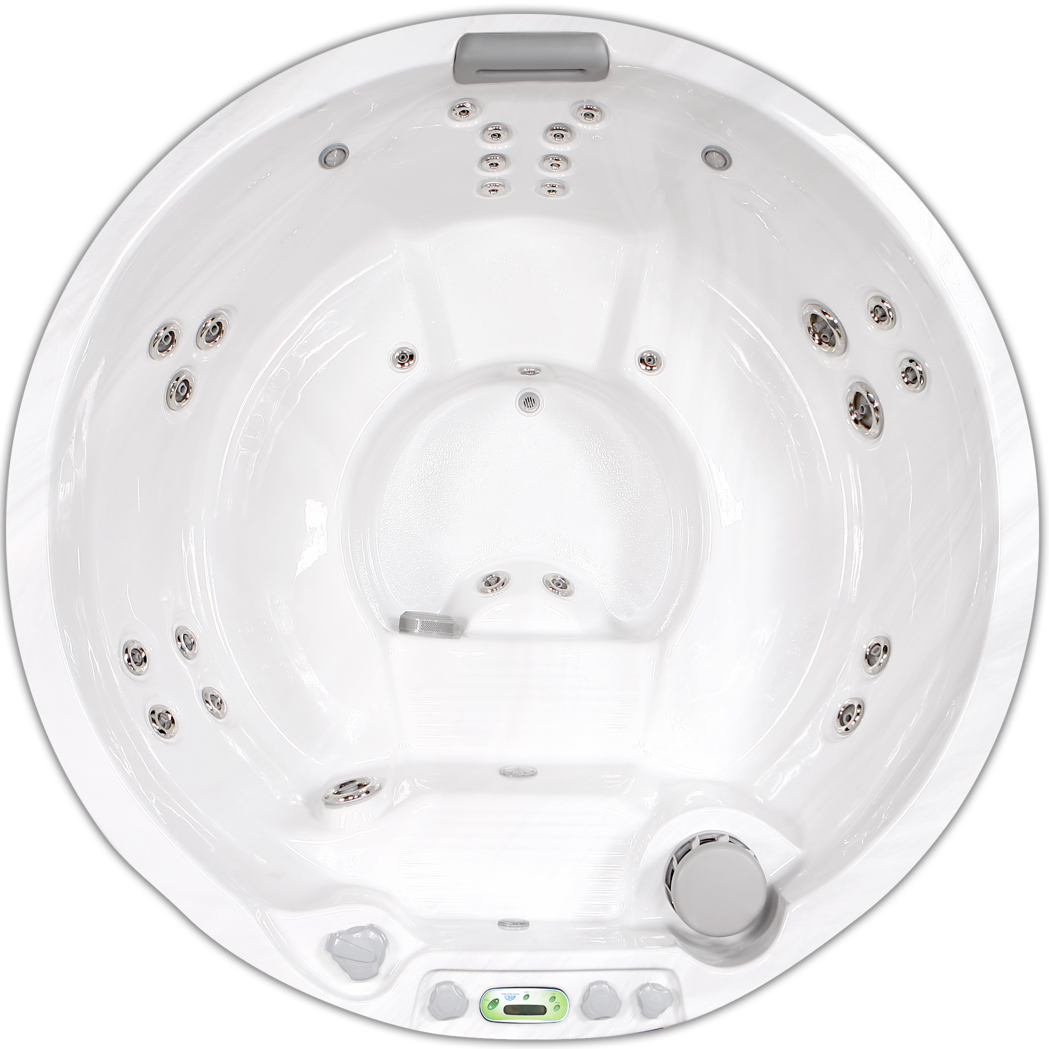 Top view of a white hot tub with multiple jets, control panel, and a gray headrest.