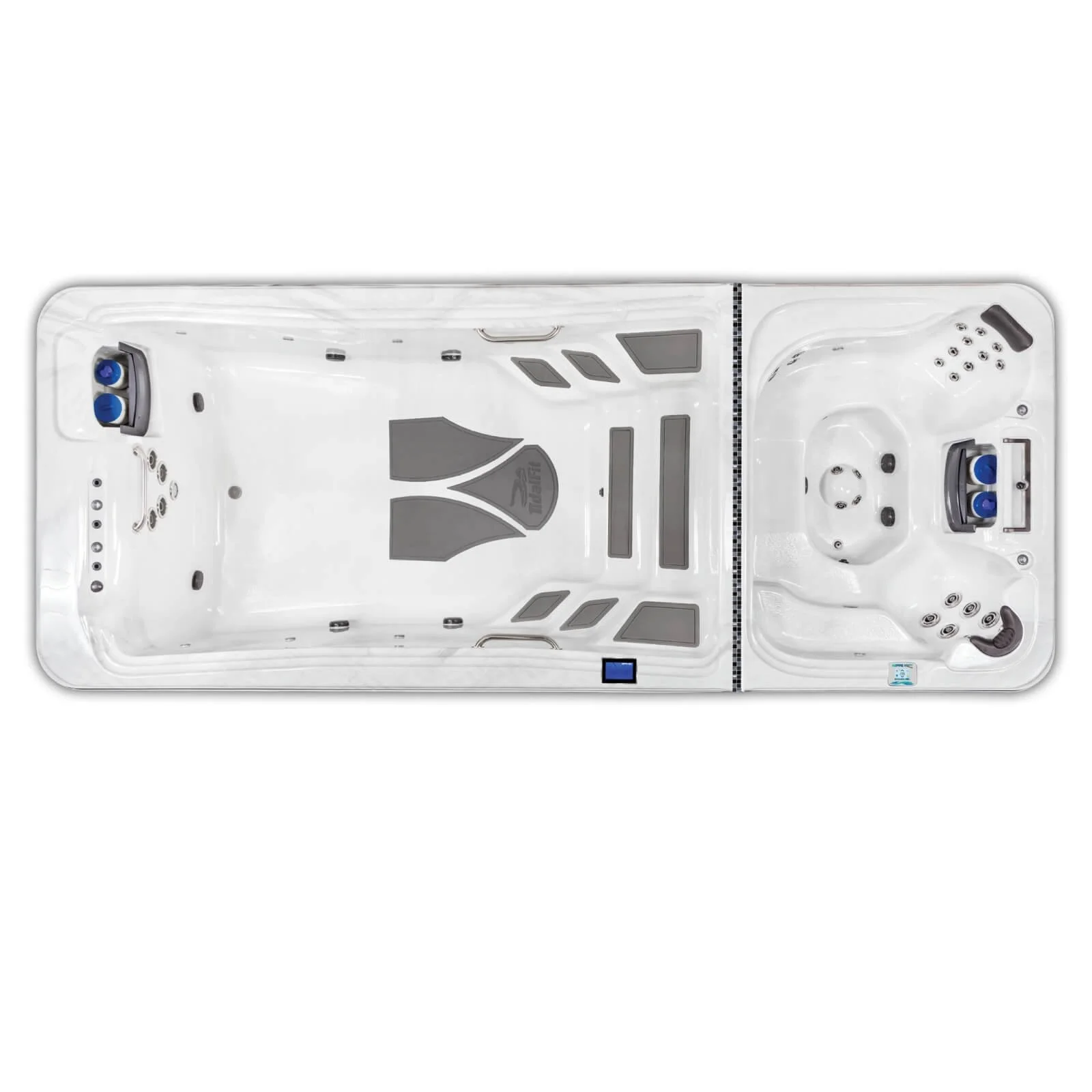 Top view of a white hot tub with seating, jets, and control panel.