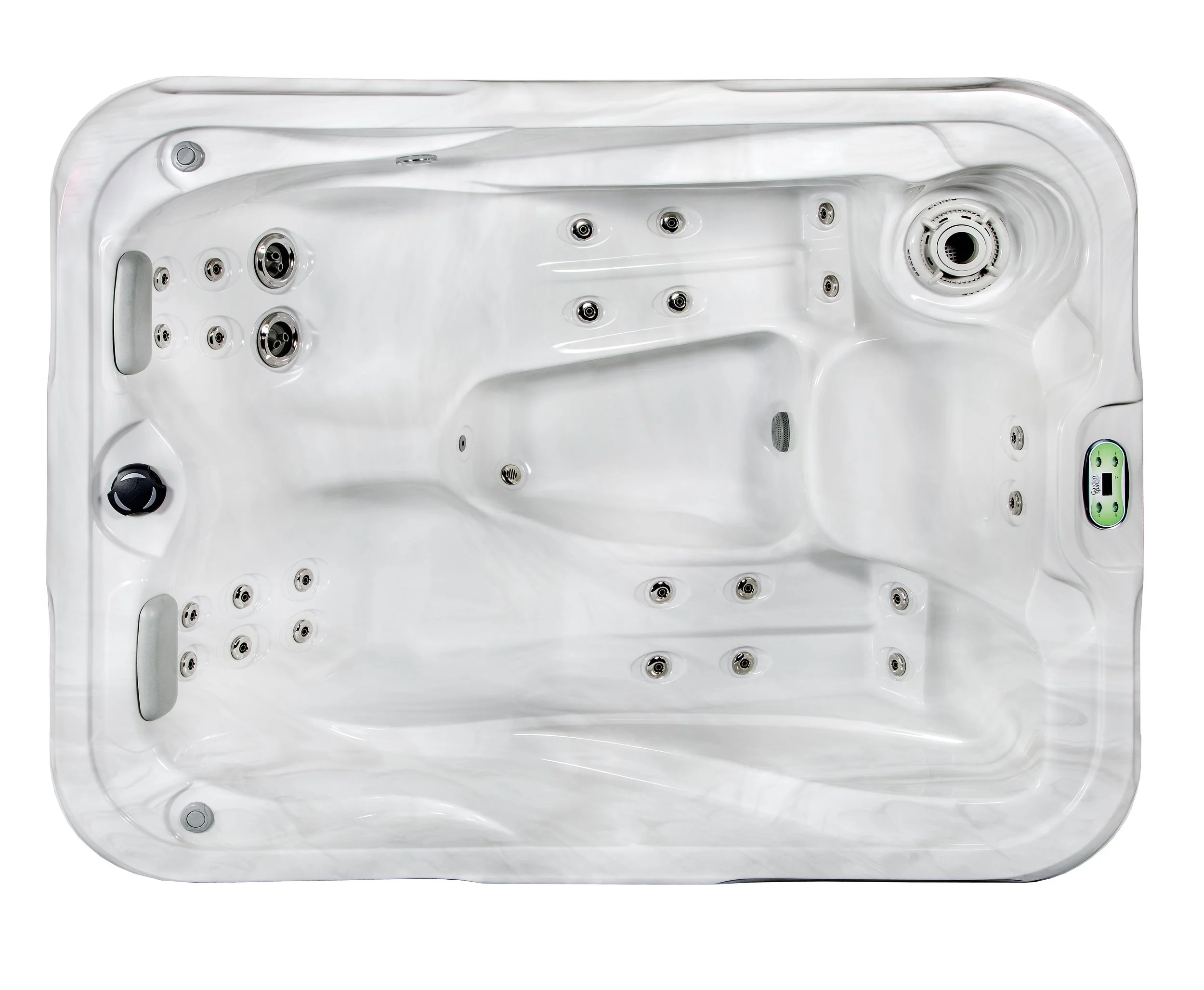 A white hot tub with multiple water jets, control panel, and seating.