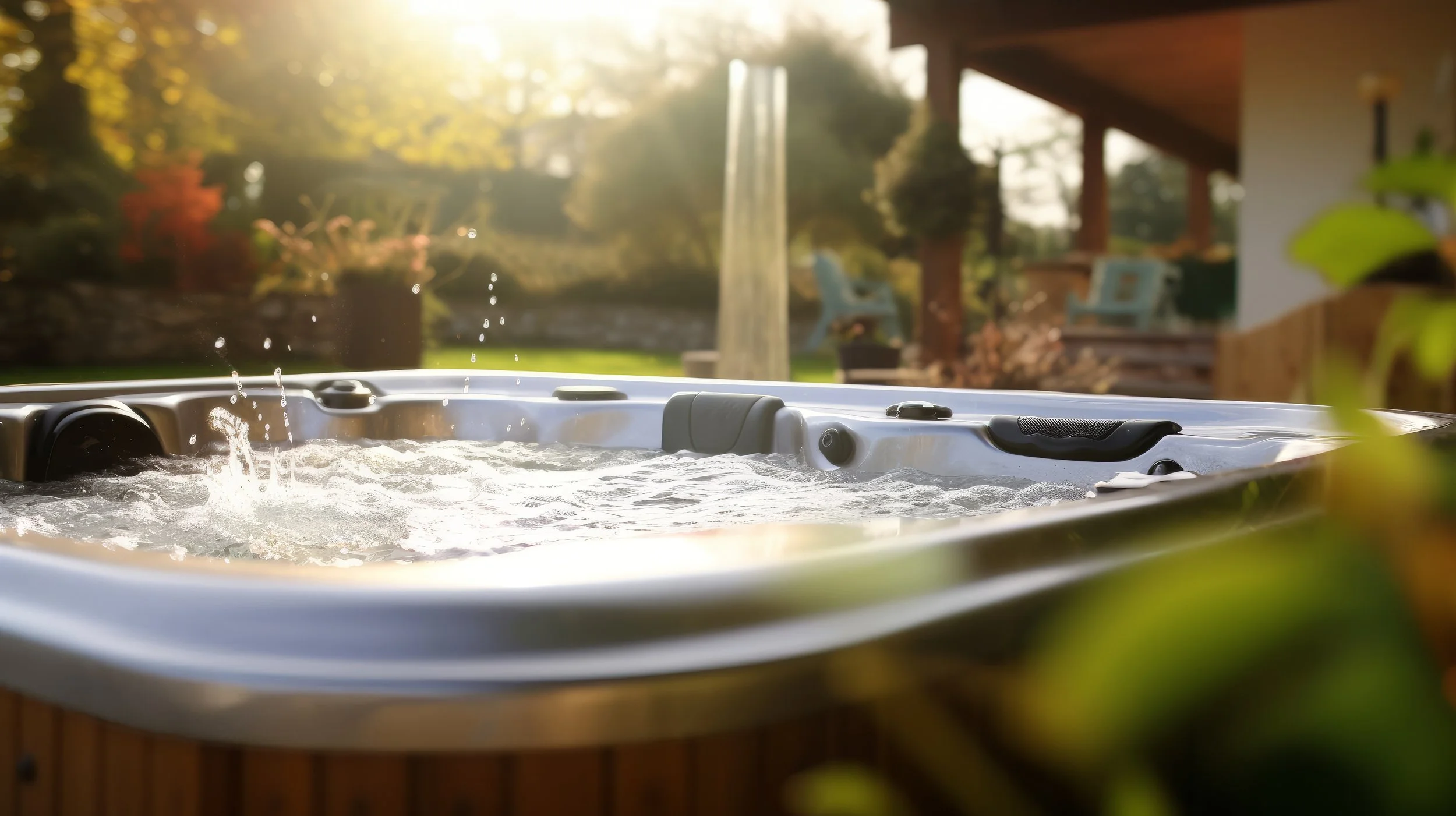 An outdoor hot tub with bubbling water, set in a garden during late afternoon sunlight, with a house, patio furniture, and trees in the background.