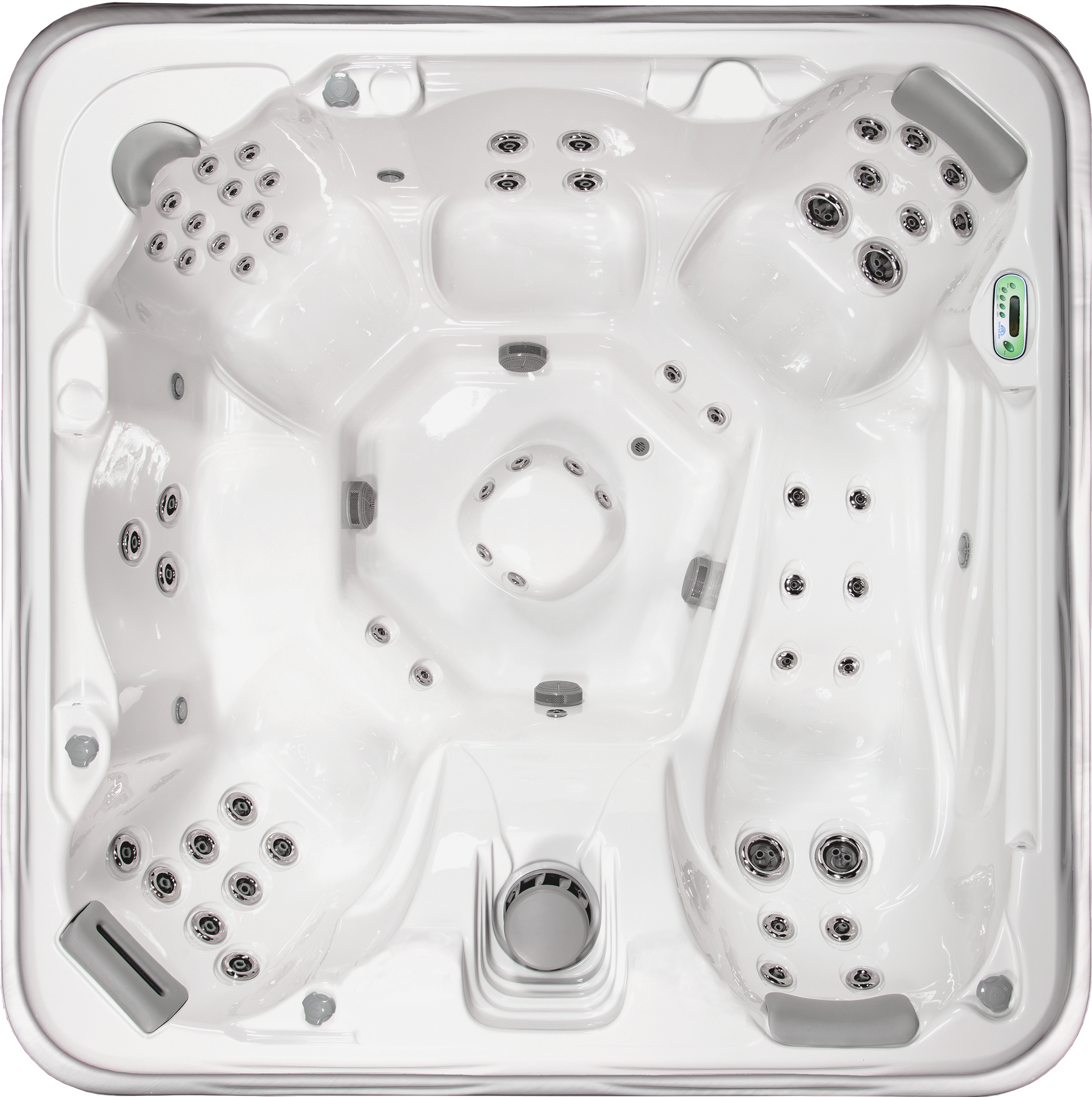 Top view of a large white hot tub with numerous jets, built-in headrests, control panel, and seating areas.