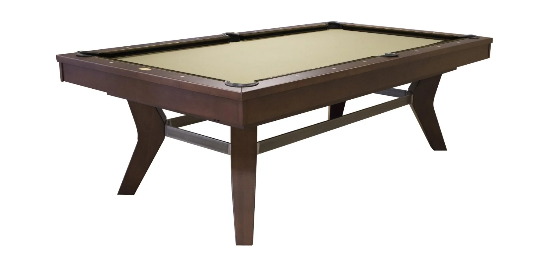 A vintage wooden shuffleboard table with a beige playing surface and black bumpers, supported by four angled legs.