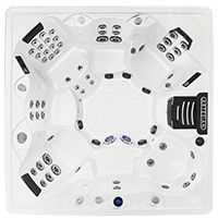 Top view of a white hot tub with multiple seating areas, jets, and control panels.