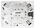 Empty hot tub with jets and control panel.