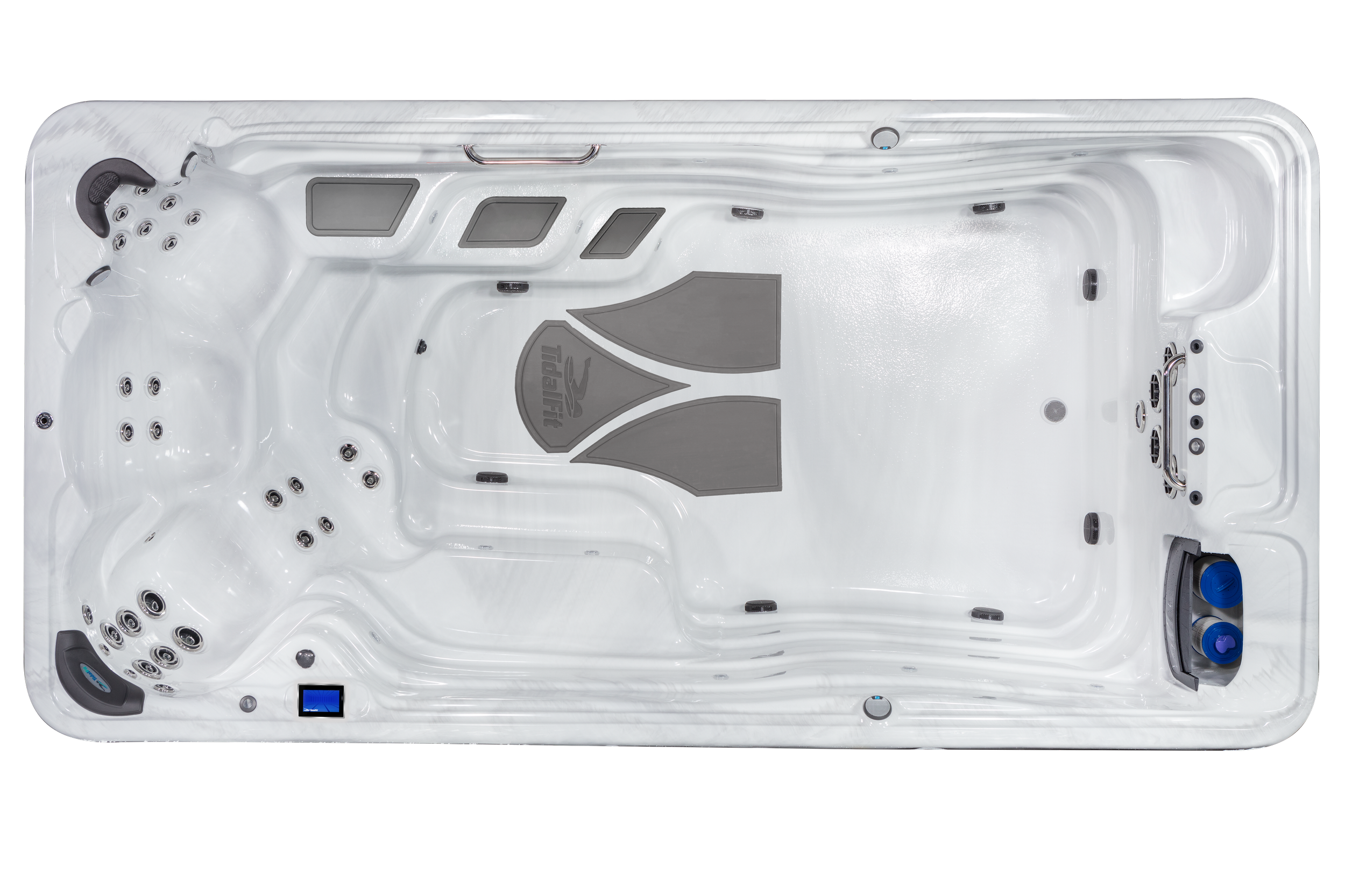 Top view of a white hot tub with various jets, controls, and gray and black accents.