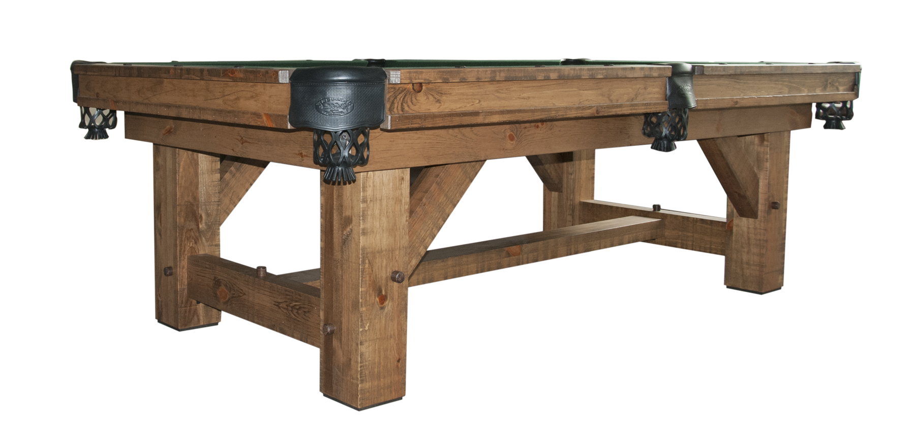 A wooden pool table with black decorative corner accents and sturdy legs.