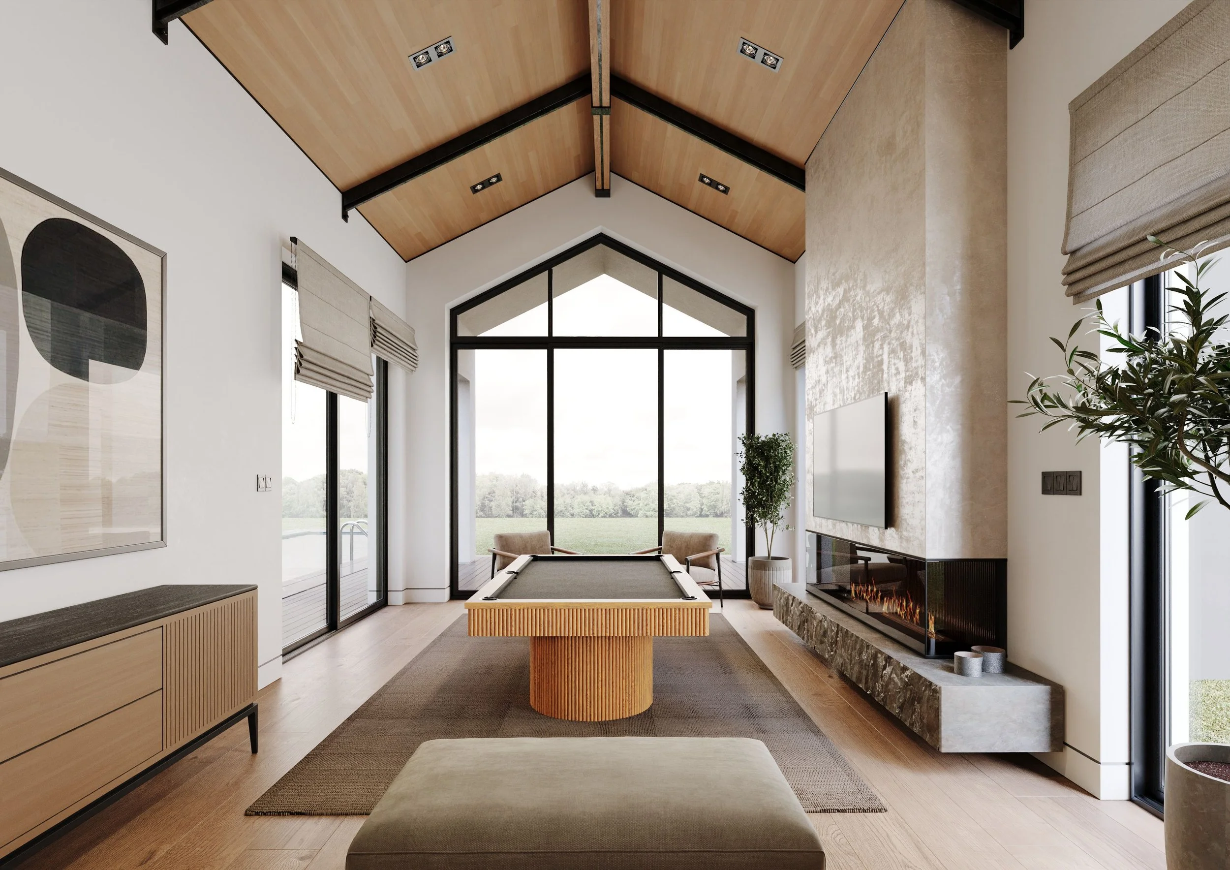 Modern living room with high wooden ceiling, large glass windows, and fireplace, decorated with plants and artwork.