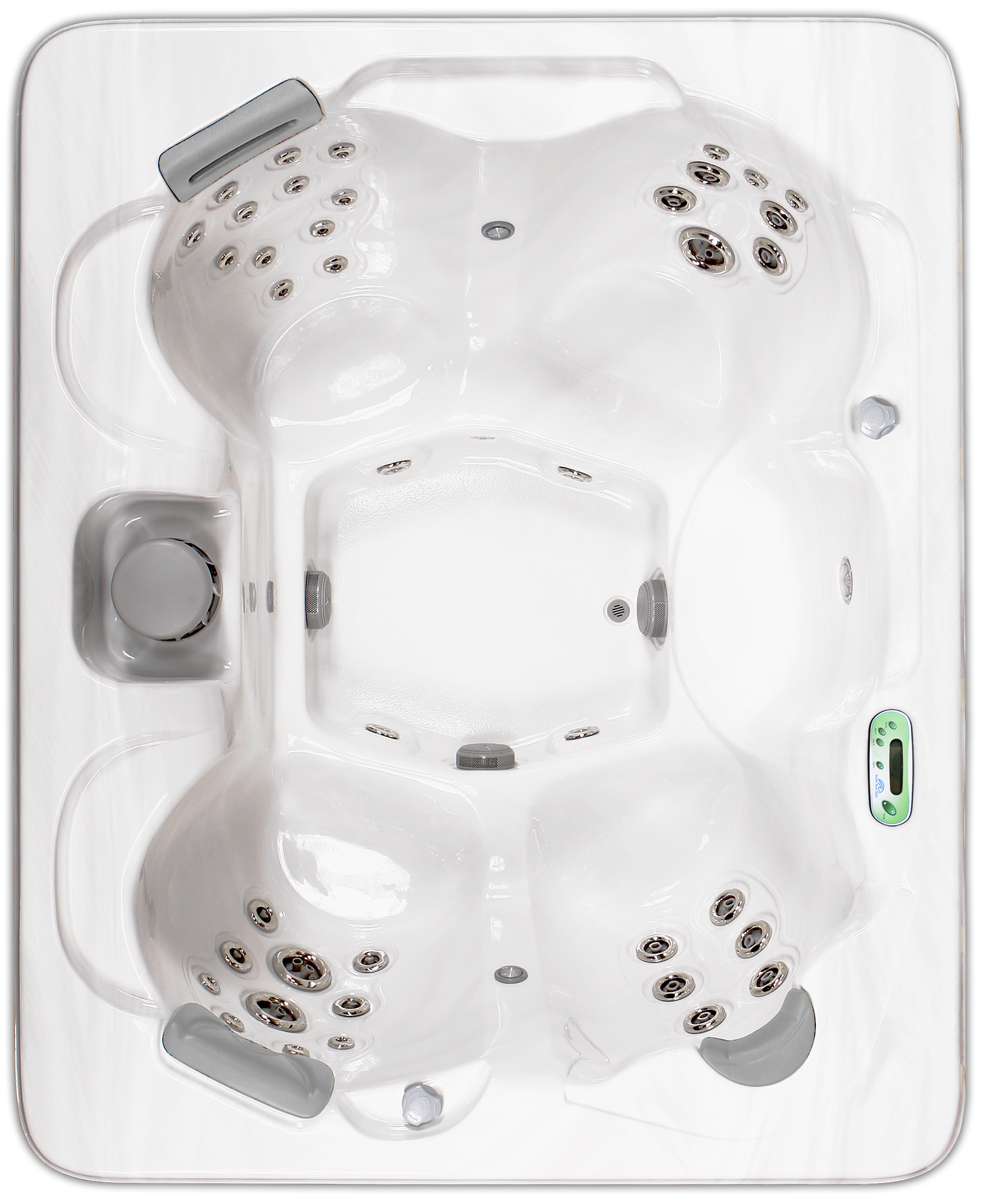 Empty white hot tub with multiple jet nozzles and a control panel on the side.