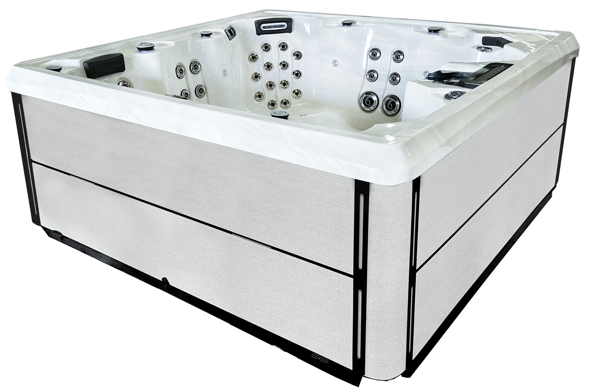 A white hot tub with multiple water jets and black accents.