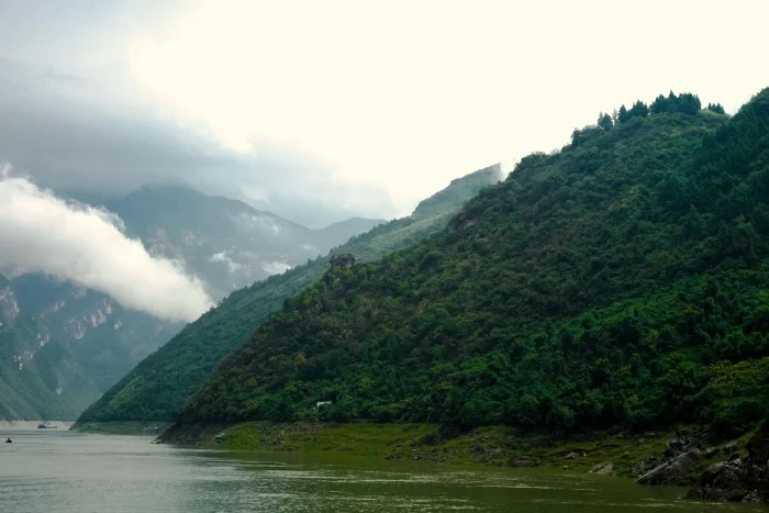 Low, lush mountains as they touch a body of water, with clouds floating low.