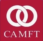 Red badge that says "CAMFT" in white letters and two white rings interlacing.