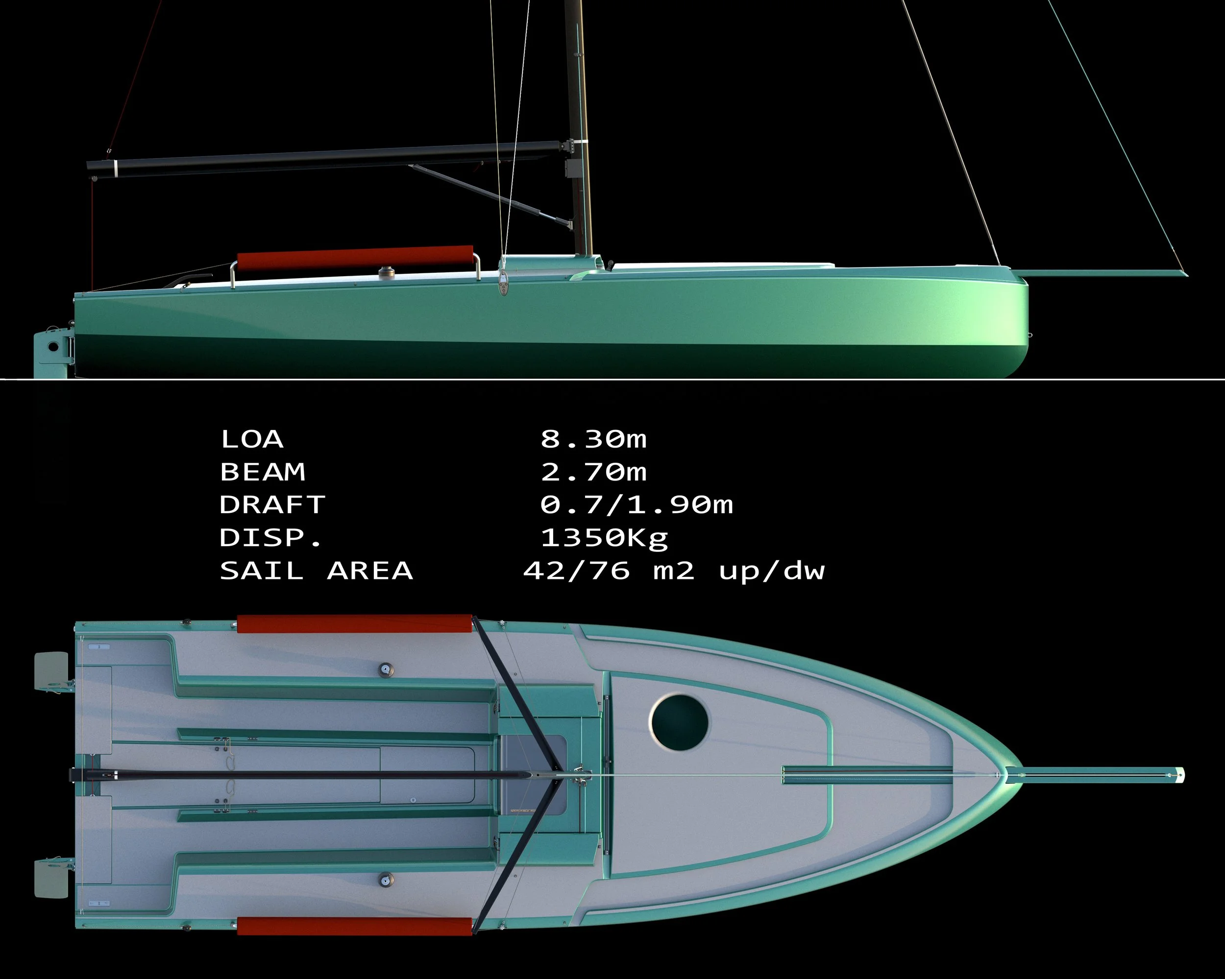 Diagrama de un velero con especificaciones técnicas en español, mostrando vista lateral y vista superior del barco, incluyendo datos como eslora, manga, calado, desplazamiento, área de vela, y otras características técnicas.