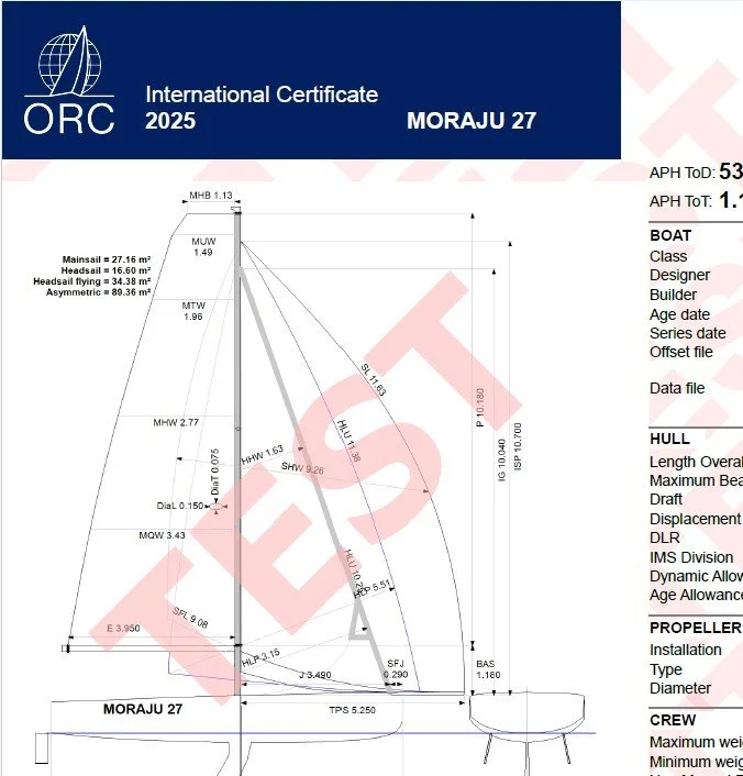 Certificado internacional del buque Moraju 27 con detalles técnicos y dimensiones de la embarcación