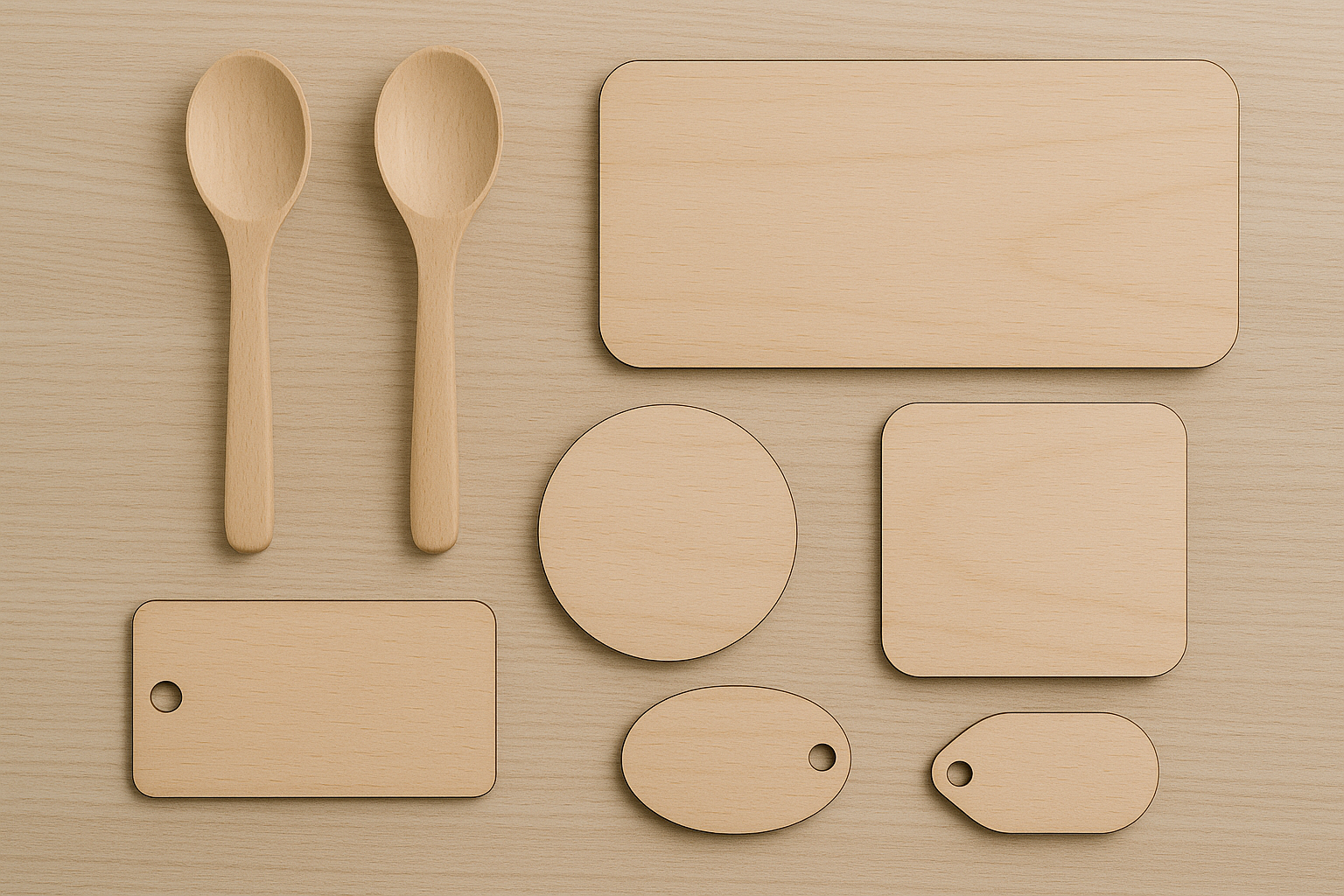Set of light wooden kitchen tools and accessories including two spoons, two square and one rectangular cutting boards, two oval labels with holes, and a large round coaster, all laid out on a light wooden surface.