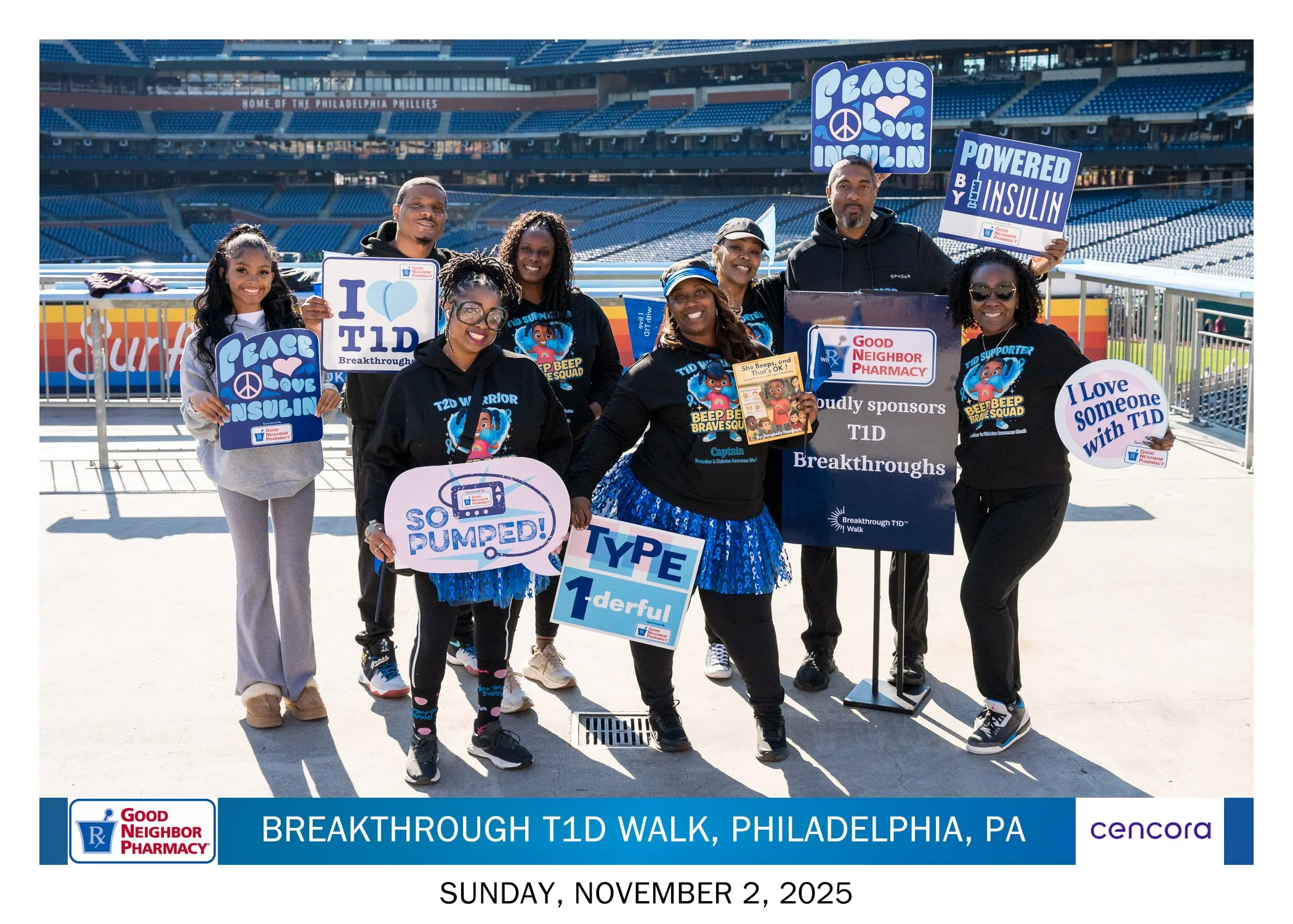 The Beep Beep Brave Squad during their official team photo, at their first Type 1 diabetes awareness walk at Citizens Bank Park in Philadelphia, PA, on November 2, 2025.